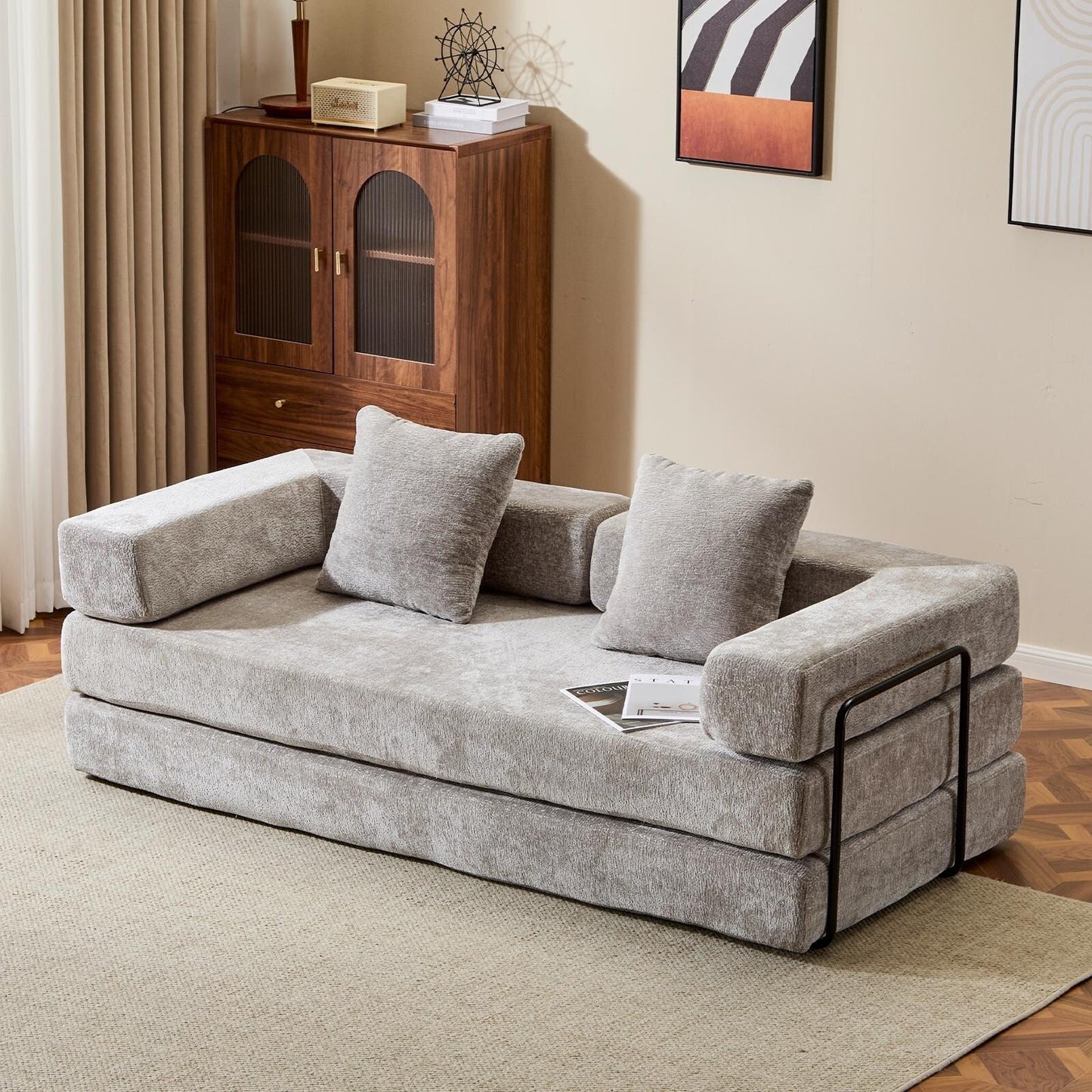 Canapé-lit convertible avec dossier coussiné en tissu chenille pour salon et chambre à coucher