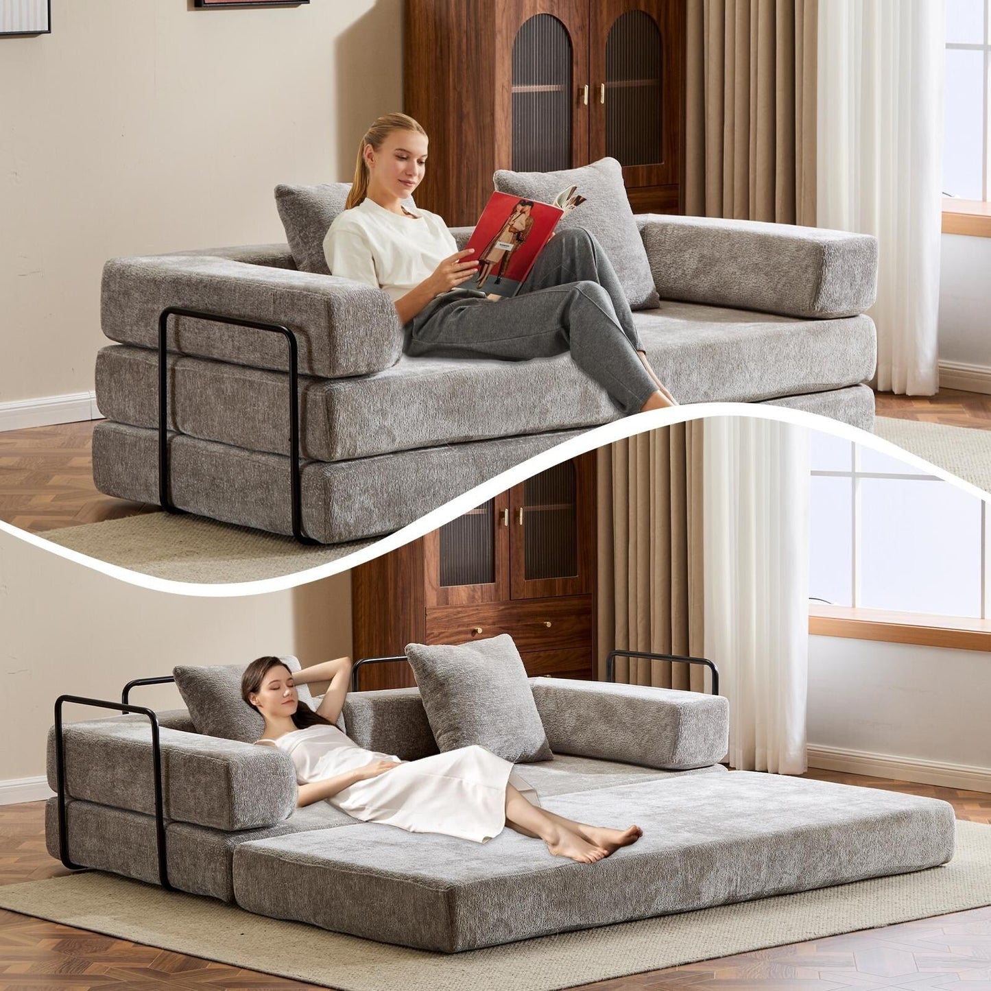 Canapé-lit convertible avec dossier coussiné en tissu chenille pour salon et chambre à coucher