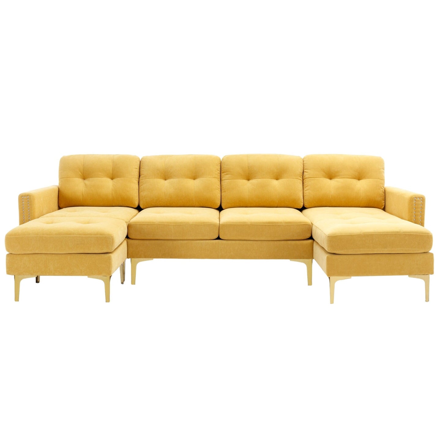 Canapé sectionnel convertible en velours en forme de L avec pouf amovible et pieds en métal doré pour le salon