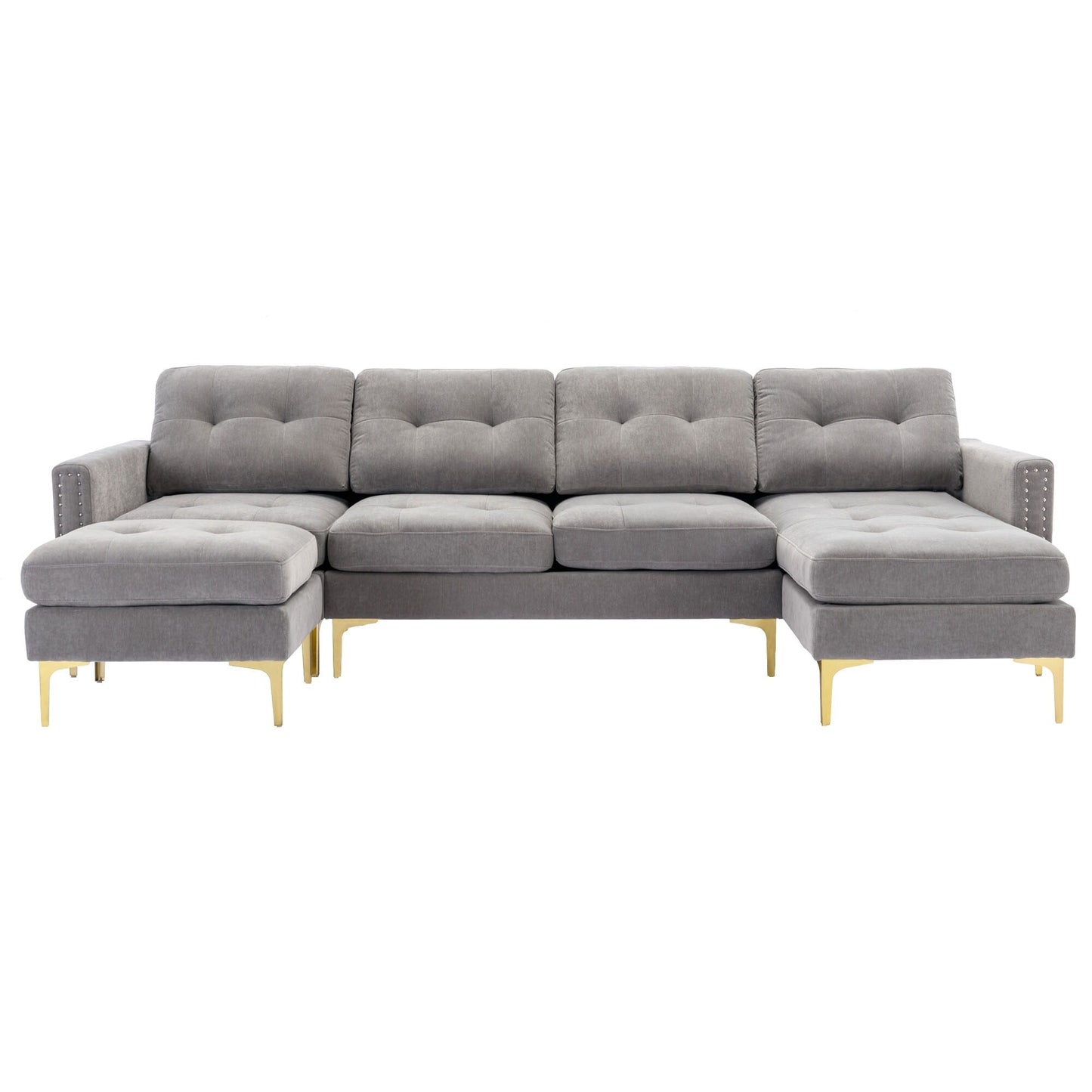 Canapé sectionnel convertible en velours en forme de L avec pouf amovible et pieds en métal doré pour le salon