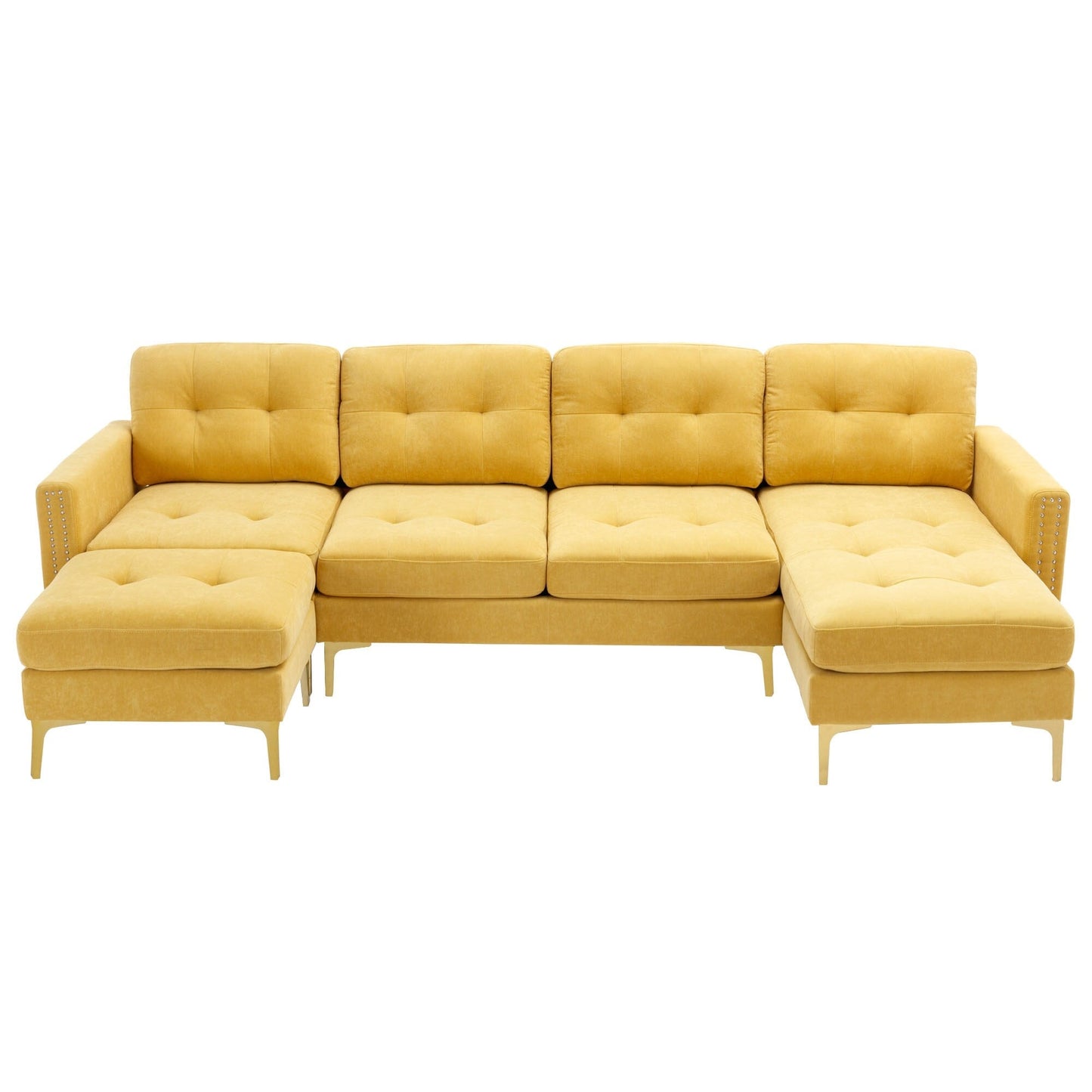 Canapé sectionnel convertible en velours en forme de L avec pouf amovible et pieds en métal doré pour le salon