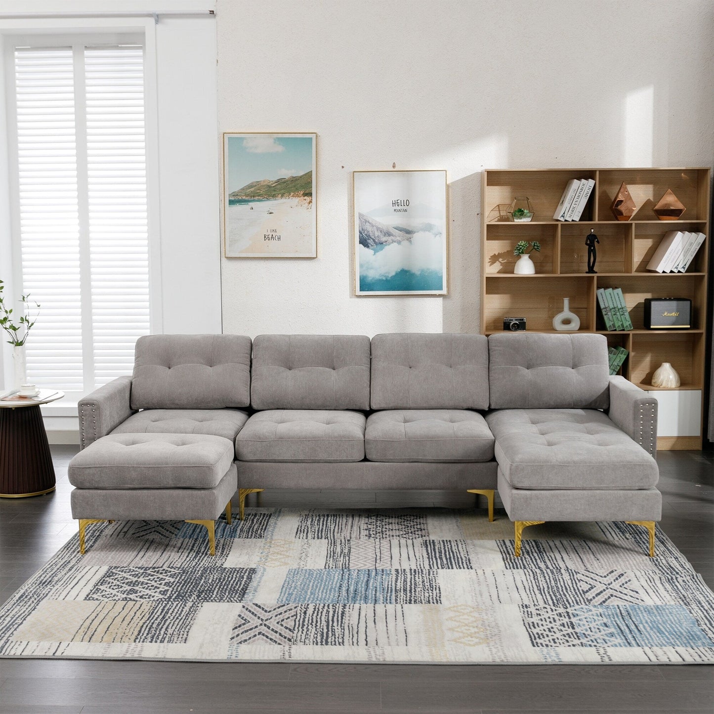 Canapé sectionnel convertible en velours en forme de L avec pouf amovible et pieds en métal doré pour le salon