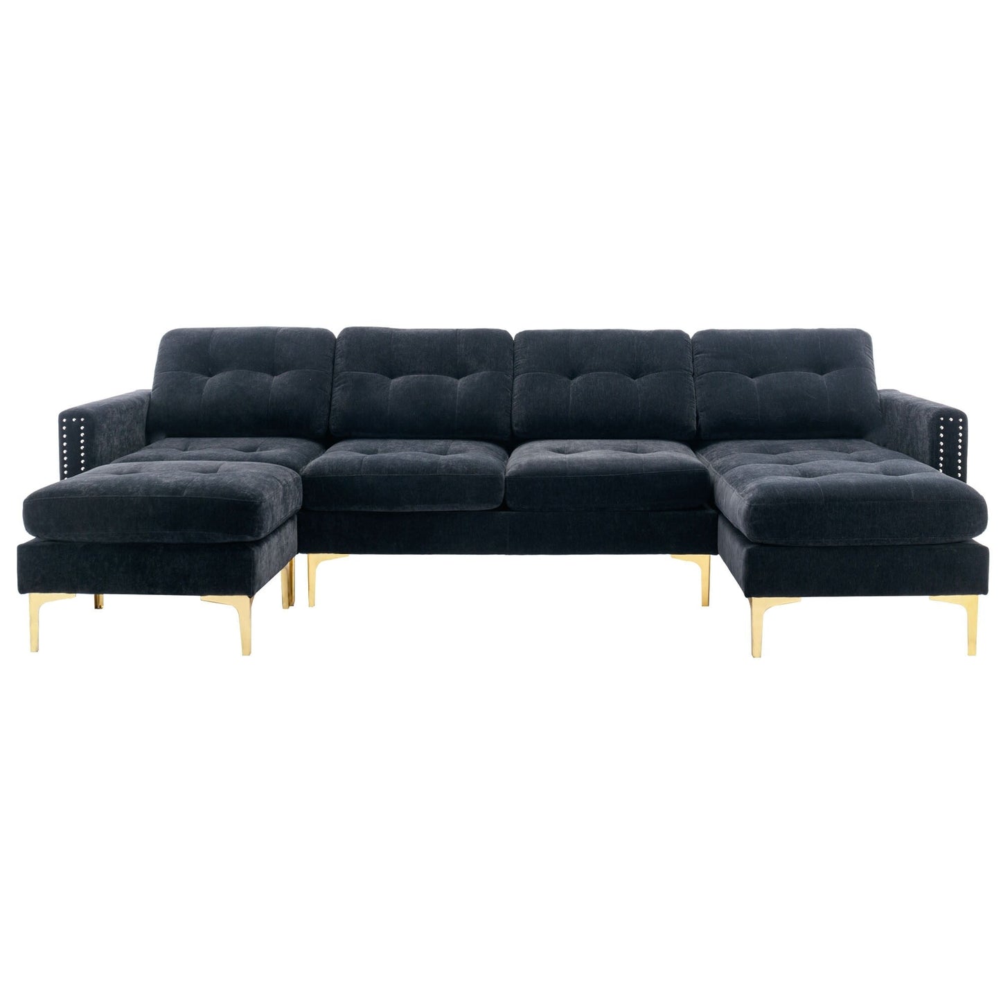Canapé sectionnel convertible en velours en forme de L avec pouf amovible et pieds en métal doré pour le salon