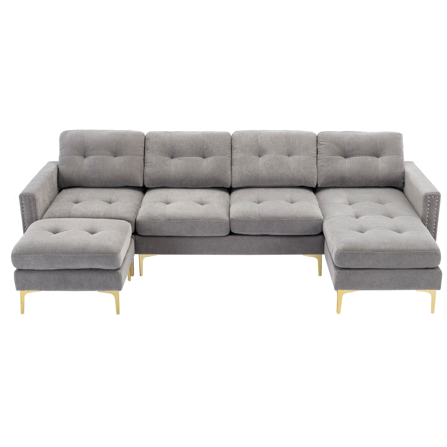 Canapé sectionnel convertible en velours en forme de L avec pouf amovible et pieds en métal doré pour le salon