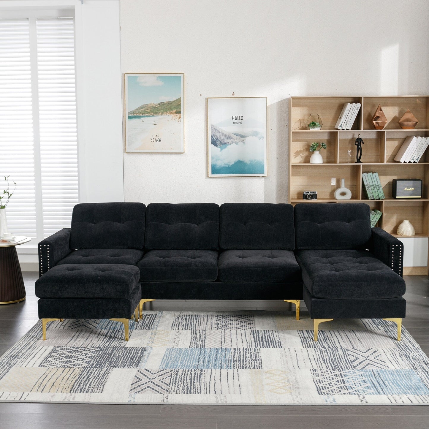 Canapé sectionnel convertible en velours en forme de L avec pouf amovible et pieds en métal doré pour le salon