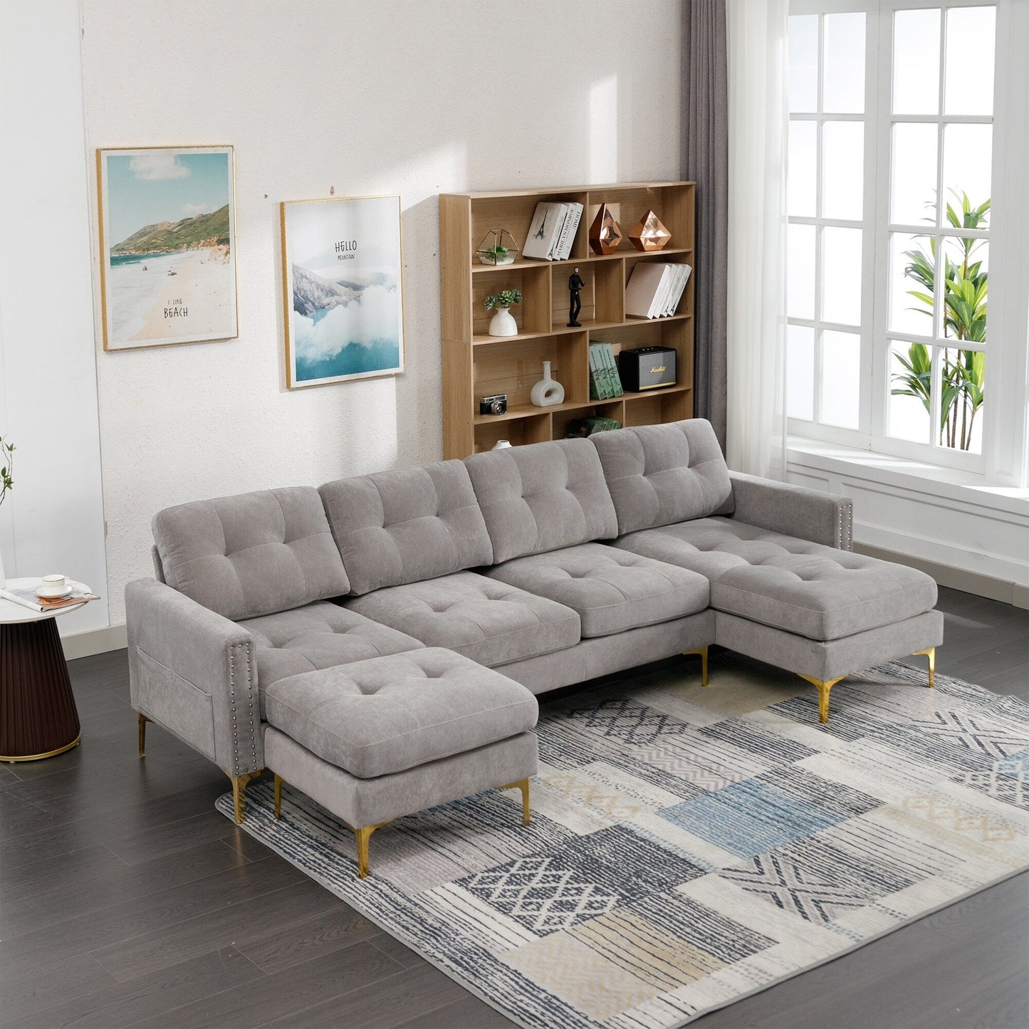 Canapé sectionnel convertible en velours en forme de L avec pouf amovible et pieds en métal doré pour le salon