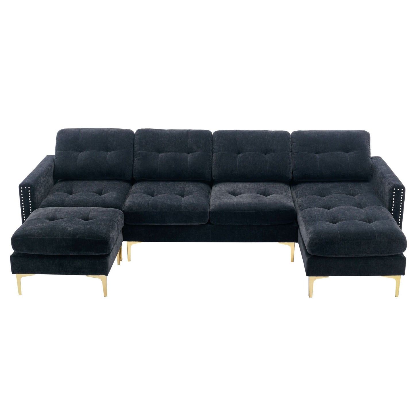 Canapé sectionnel convertible en velours en forme de L avec pouf amovible et pieds en métal doré pour le salon