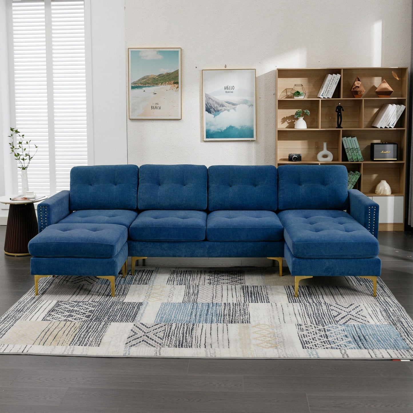Canapé sectionnel convertible en velours en forme de L avec pouf amovible et pieds en métal doré pour le salon
