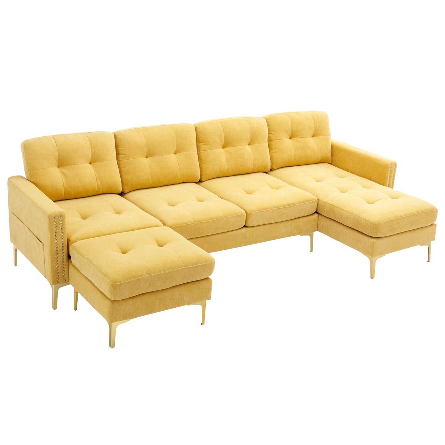 Canapé sectionnel convertible en velours en forme de L avec pouf amovible et pieds en métal doré pour le salon