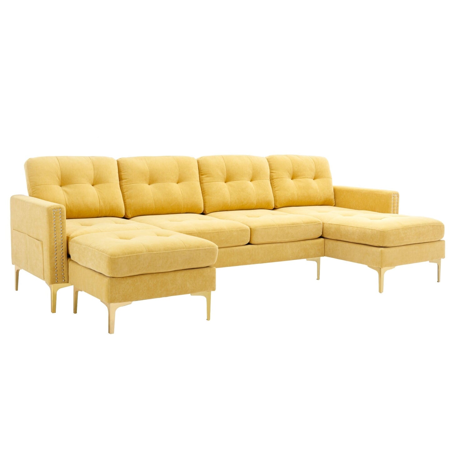 Canapé sectionnel convertible en velours en forme de L avec pouf amovible et pieds en métal doré pour le salon