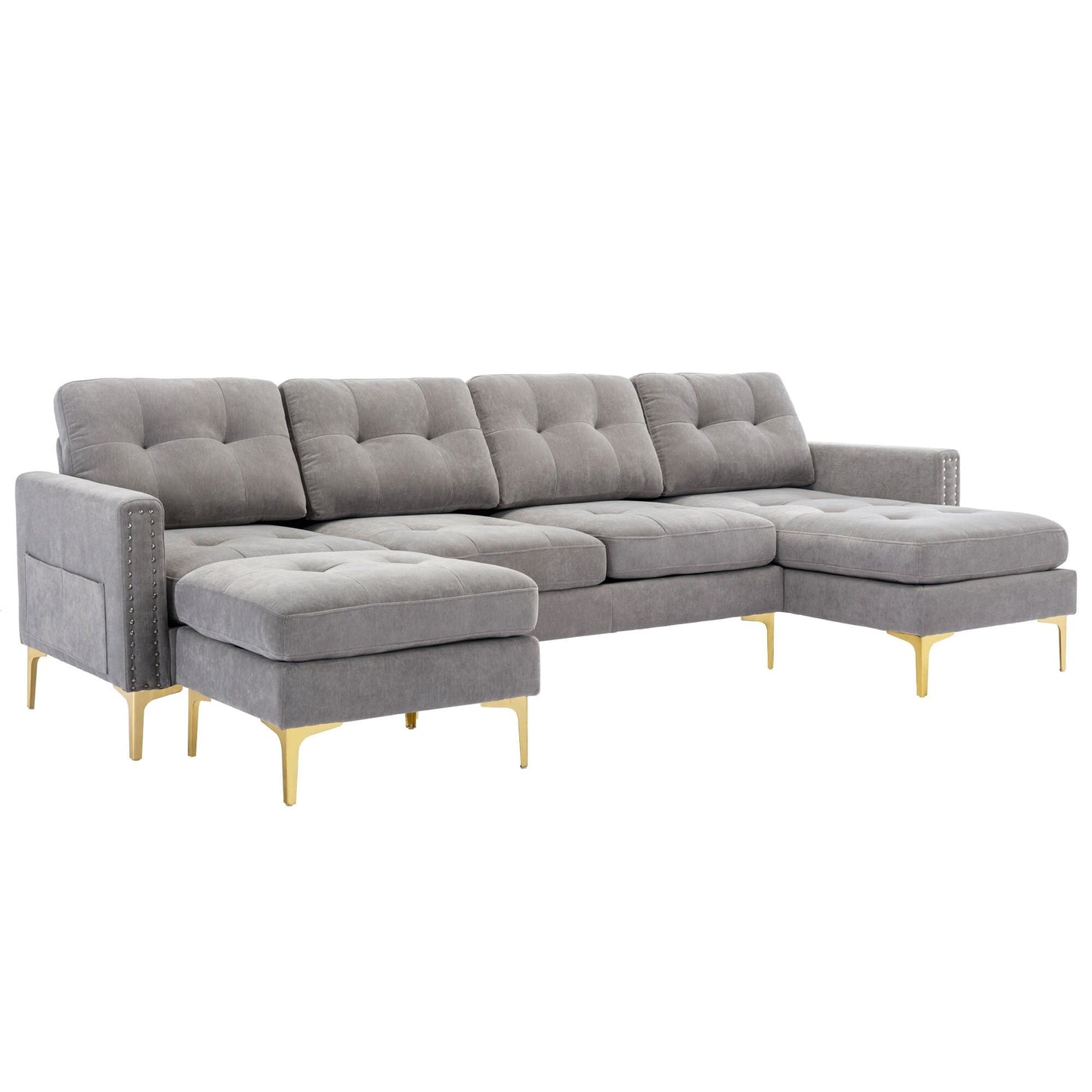 Canapé sectionnel convertible en velours en forme de L avec pouf amovible et pieds en métal doré pour le salon