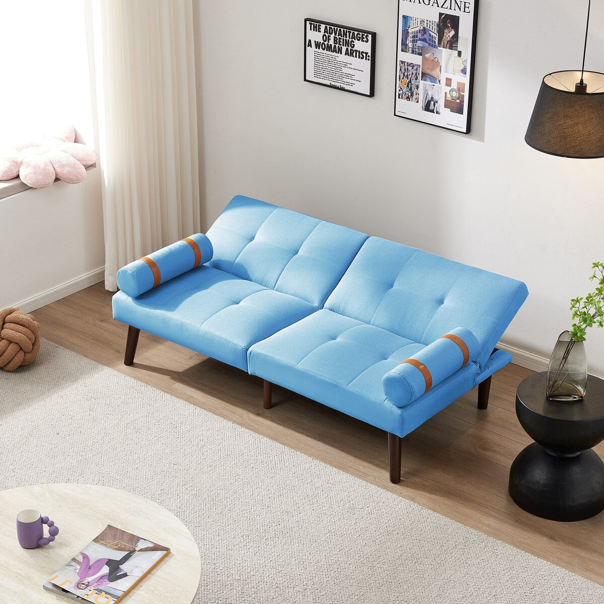 Canapé-lit futon convertible avec pieds en bois massif et tissu lin gris