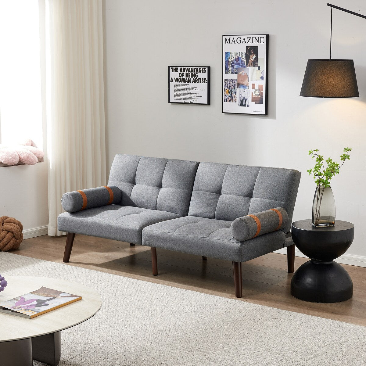 Canapé-lit futon convertible avec pieds en bois massif et tissu lin gris