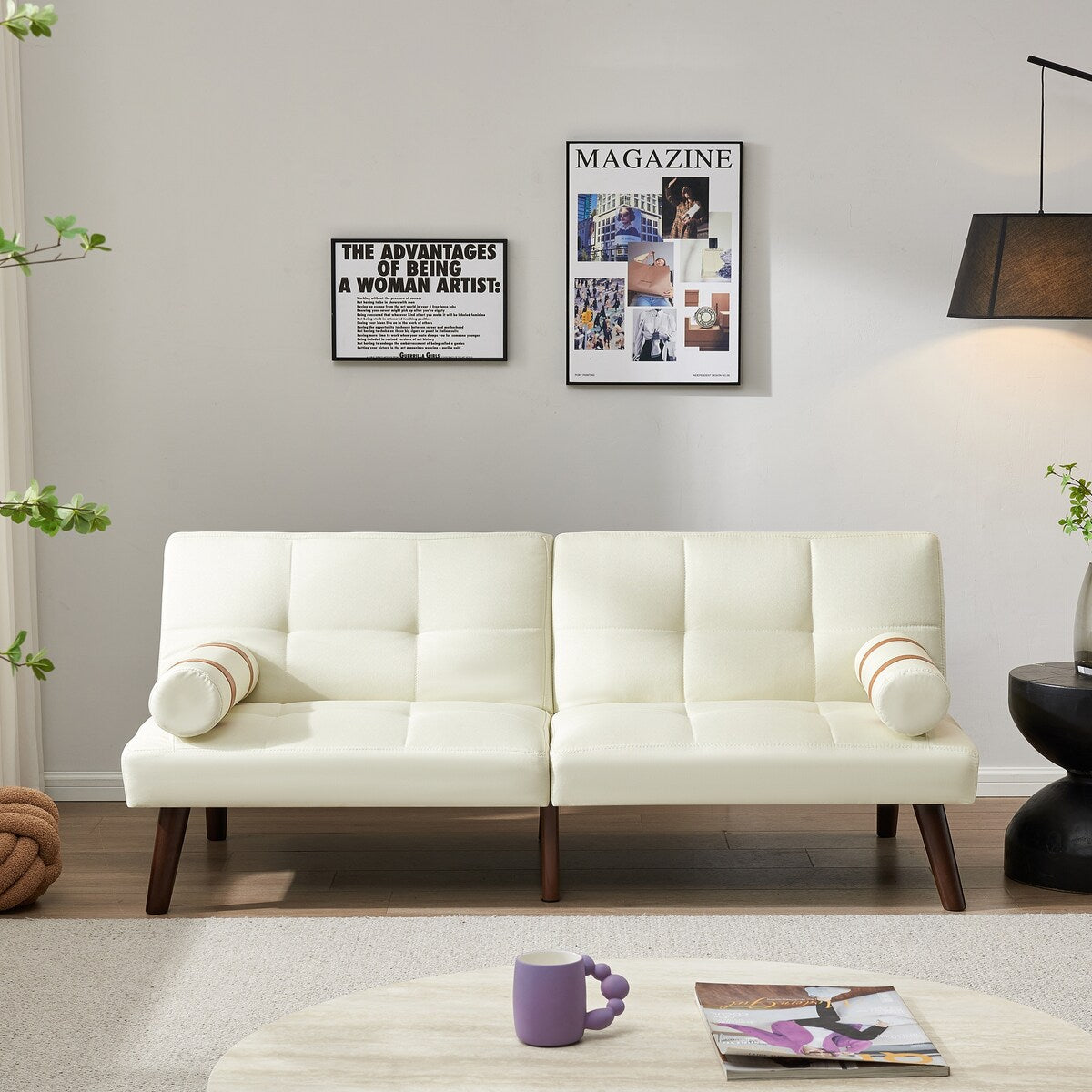 Canapé-lit futon convertible avec pieds en bois massif et tissu lin gris