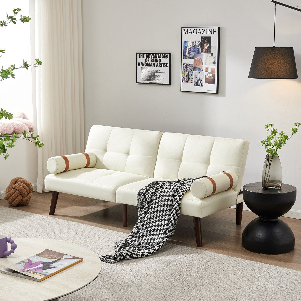 Canapé-lit futon convertible avec pieds en bois massif et tissu lin gris