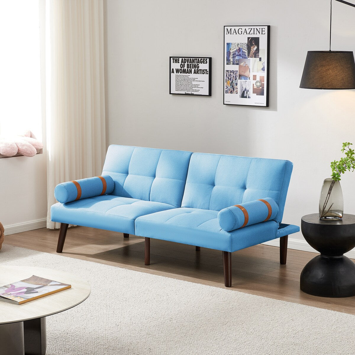 Canapé-lit futon convertible avec pieds en bois massif et tissu lin gris
