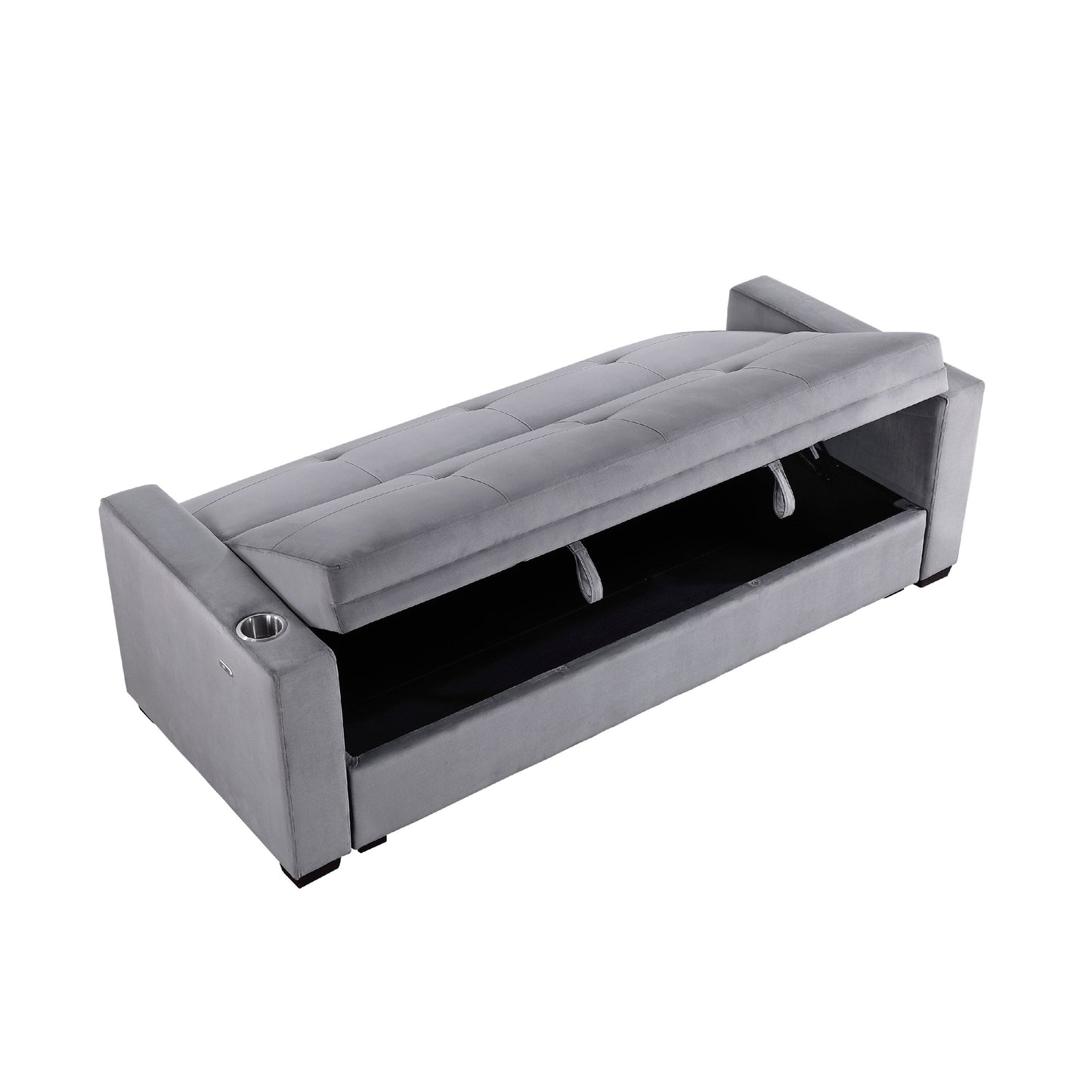 Canapé convertible, dossier en velours capitonné gris, ports de chargement USB, 84 pouces