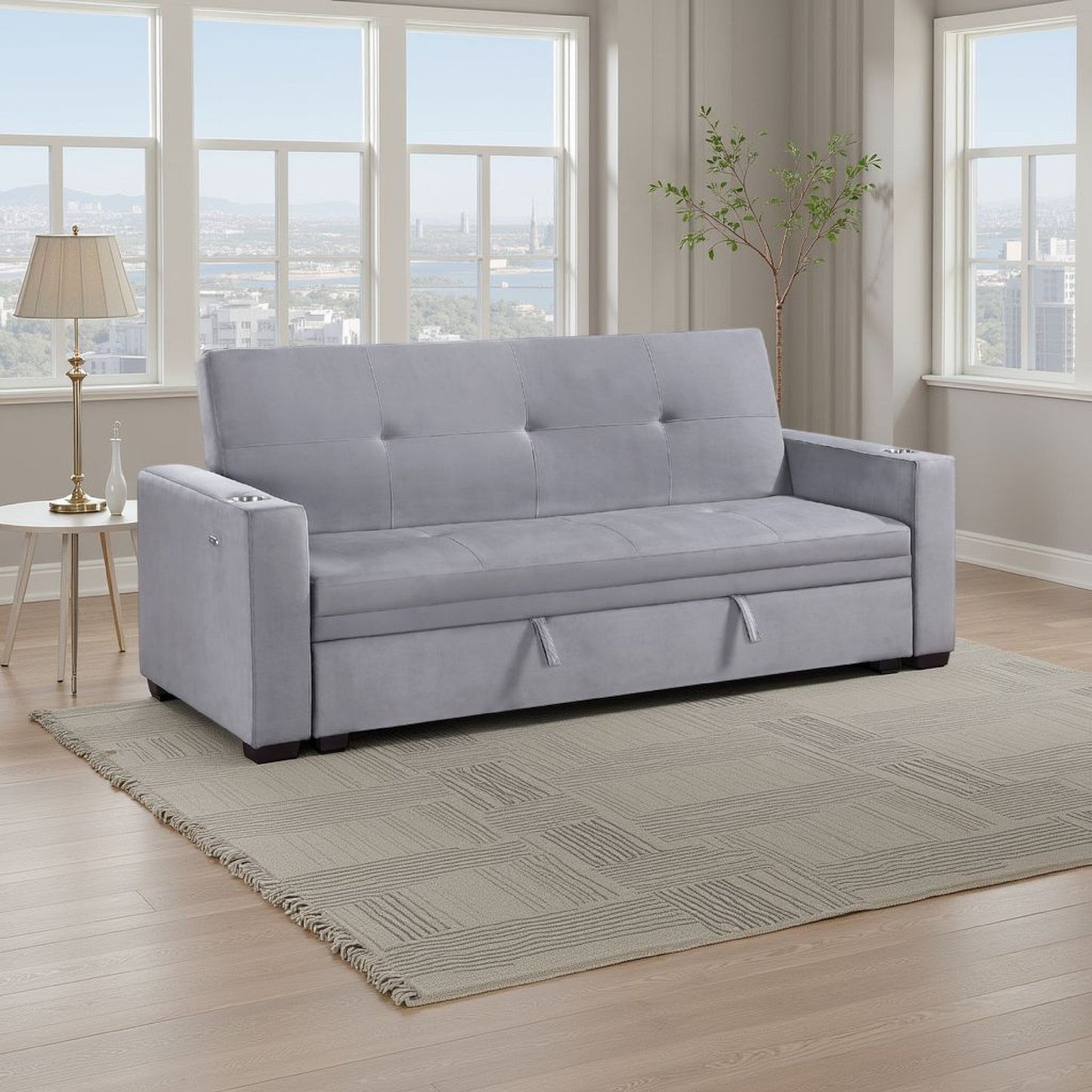 Canapé convertible, dossier en velours capitonné gris, ports de chargement USB, 84 pouces