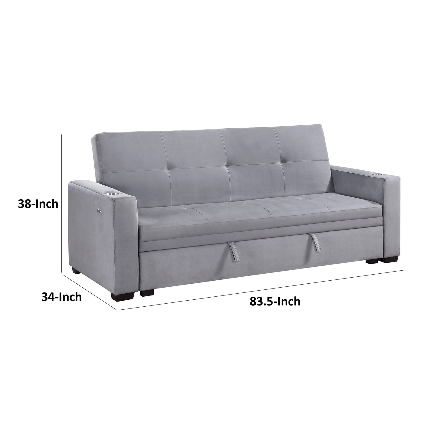 Canapé convertible, dossier en velours capitonné gris, ports de chargement USB, 84 pouces
