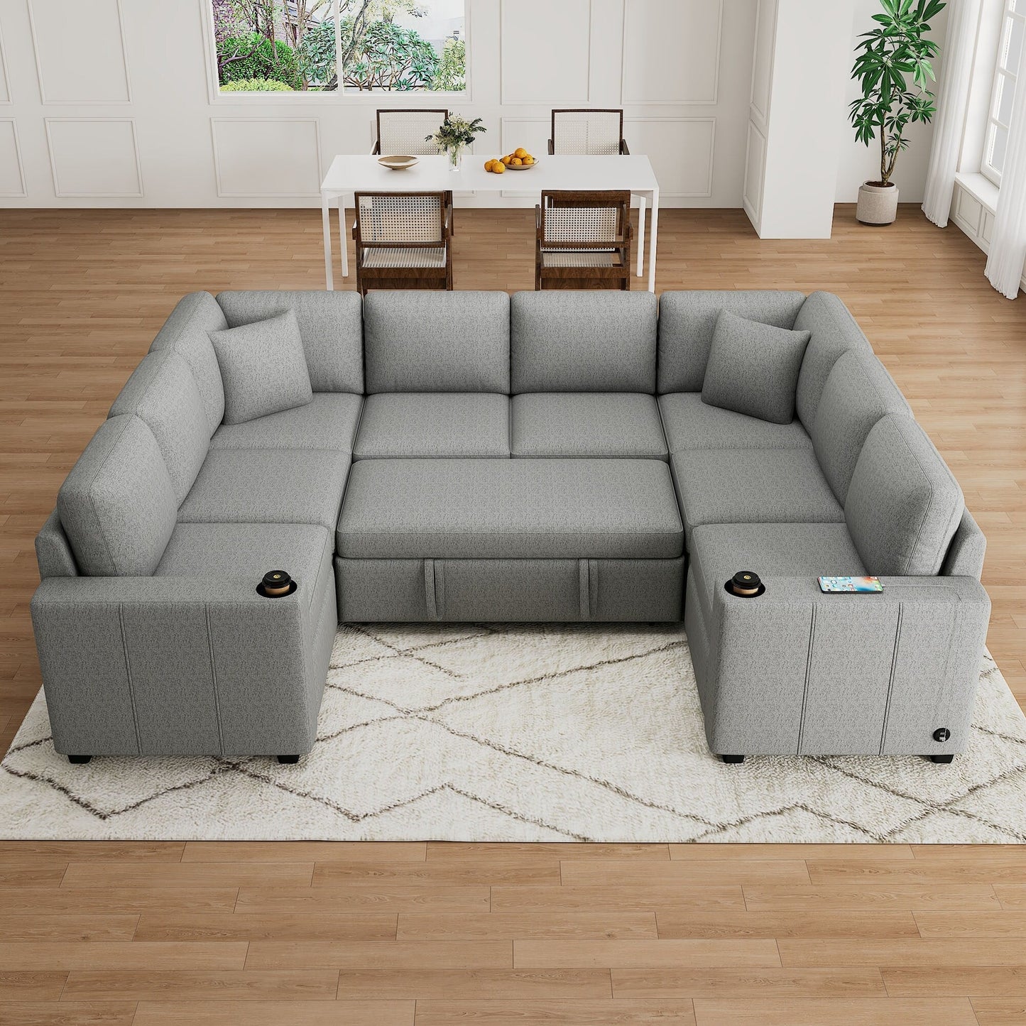 Canapé sectionnel convertible en U avec lit gigogne, ports USB et porte-gobelets pour le salon