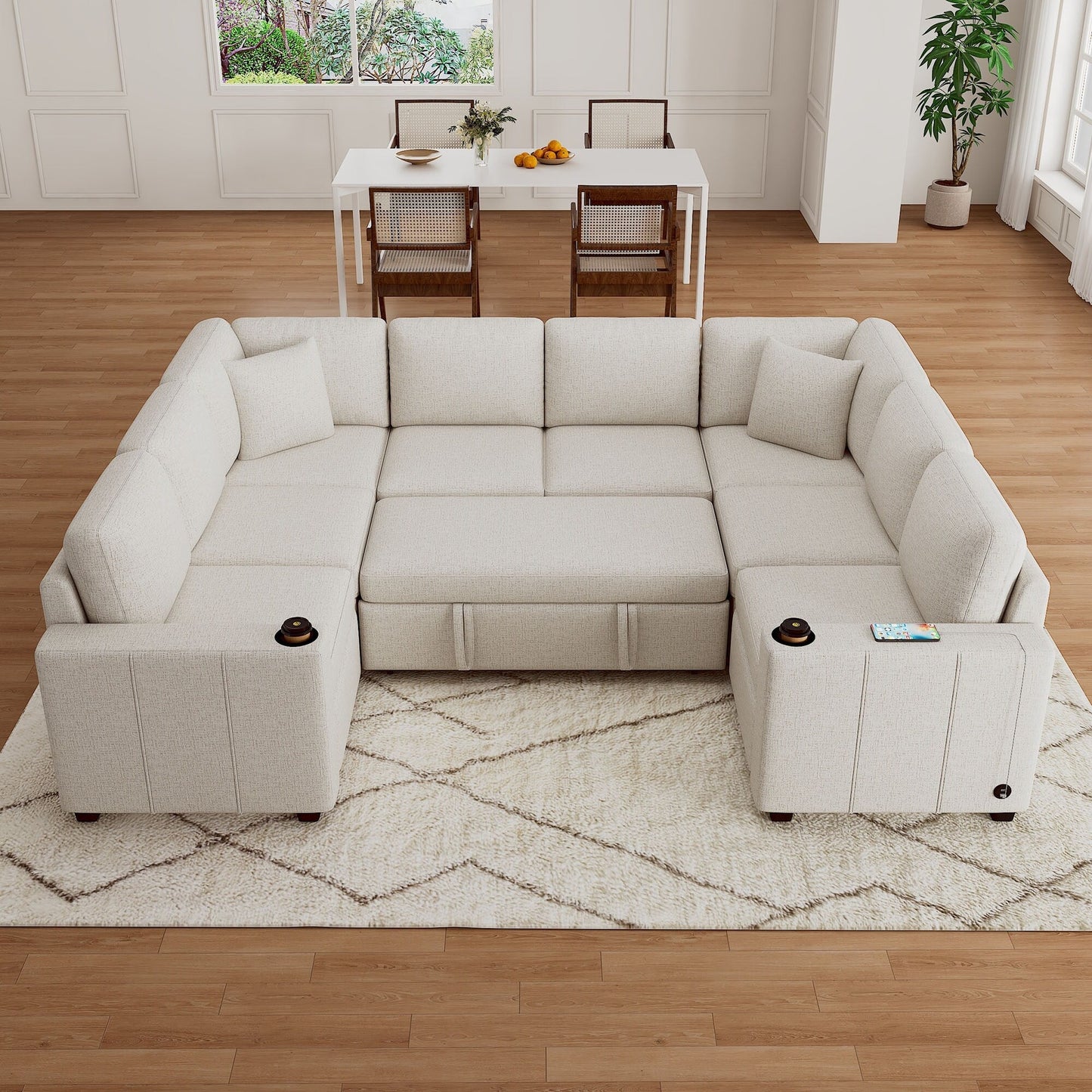 Canapé sectionnel convertible en U avec lit gigogne, ports USB et porte-gobelets pour le salon