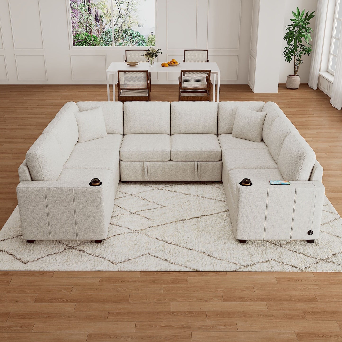Canapé sectionnel convertible en U avec lit gigogne, ports USB et porte-gobelets pour le salon