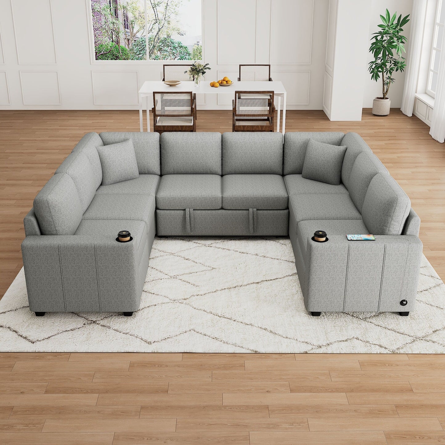 Canapé sectionnel convertible en U avec lit gigogne, ports USB et porte-gobelets pour le salon