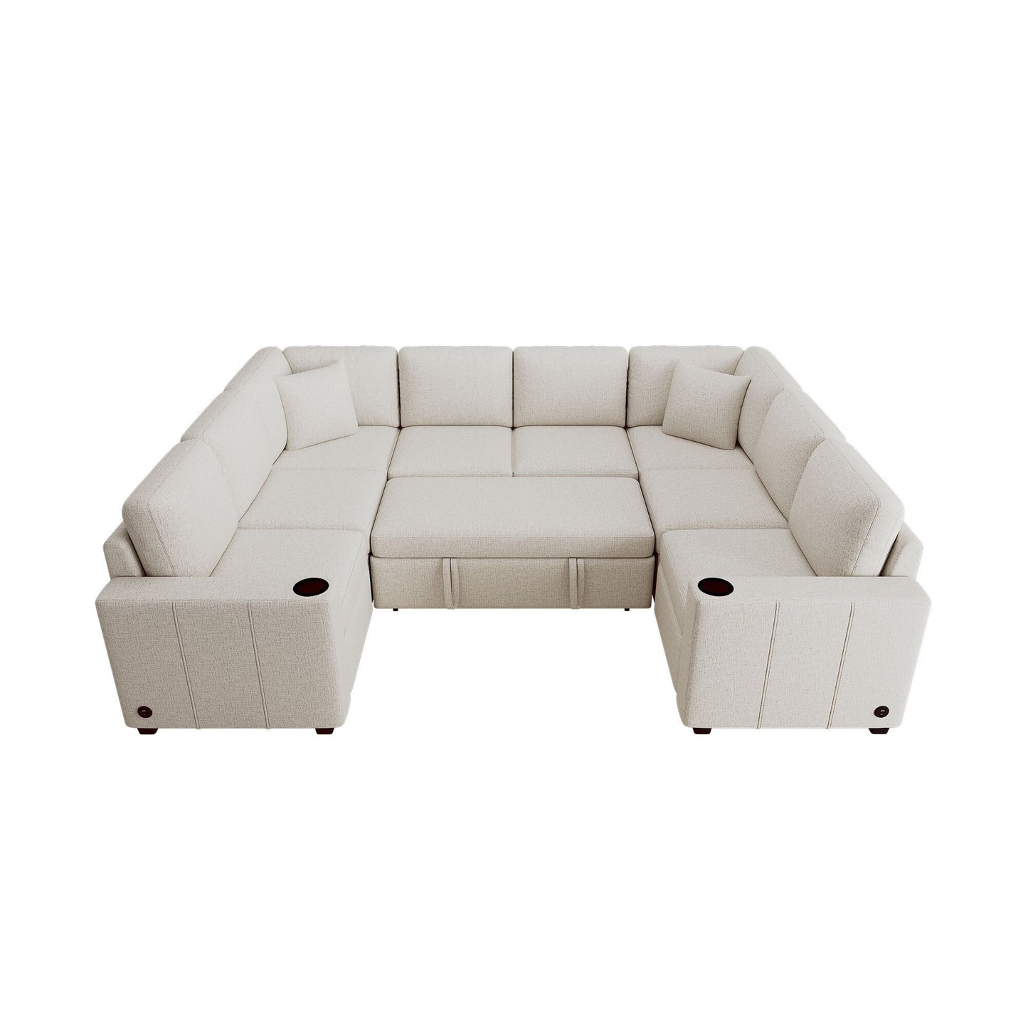 Canapé sectionnel convertible en U avec lit gigogne, ports USB et porte-gobelets pour le salon