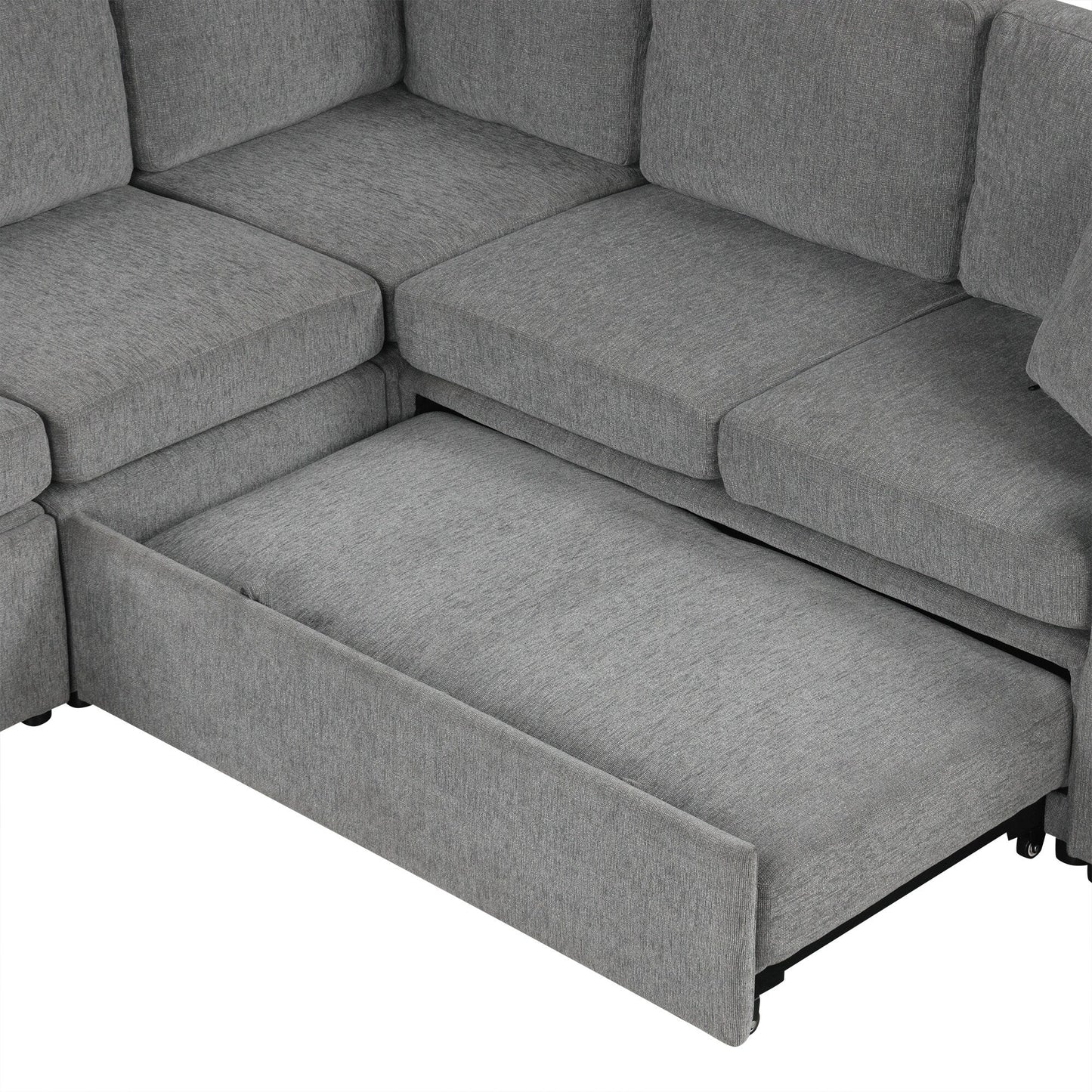 Canapé sectionnel convertible en U avec lit gigogne, ports USB et porte-gobelets pour le salon