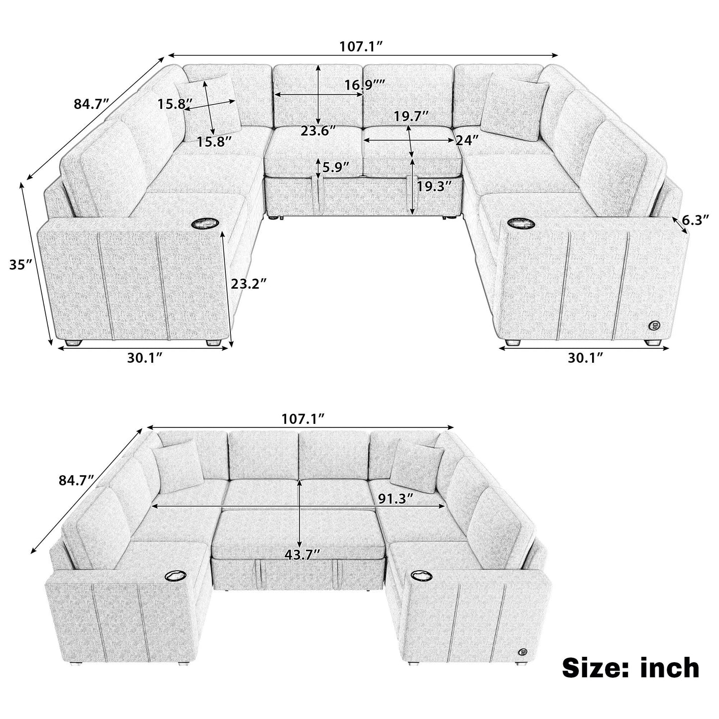 Canapé sectionnel convertible en U avec lit gigogne, ports USB et porte-gobelets pour le salon