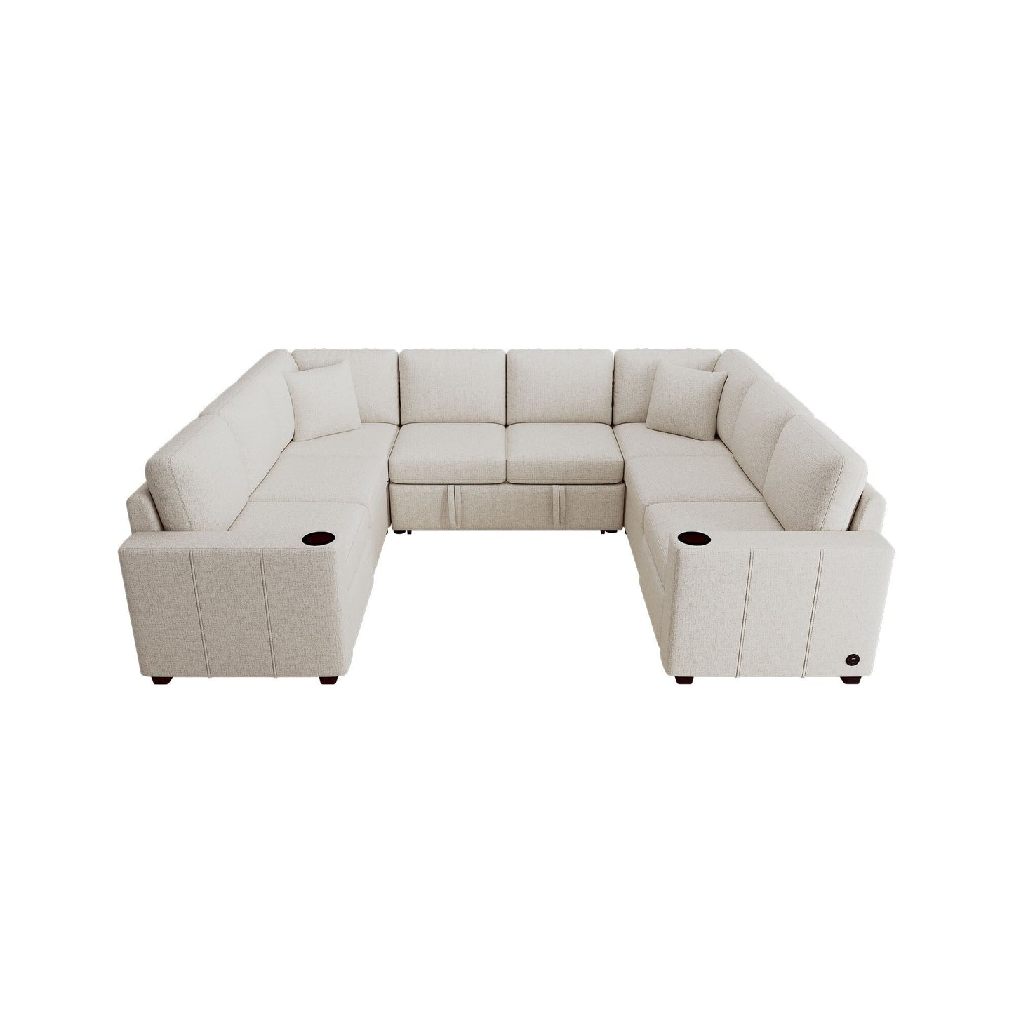 Canapé sectionnel convertible en U avec lit gigogne, ports USB et porte-gobelets pour le salon