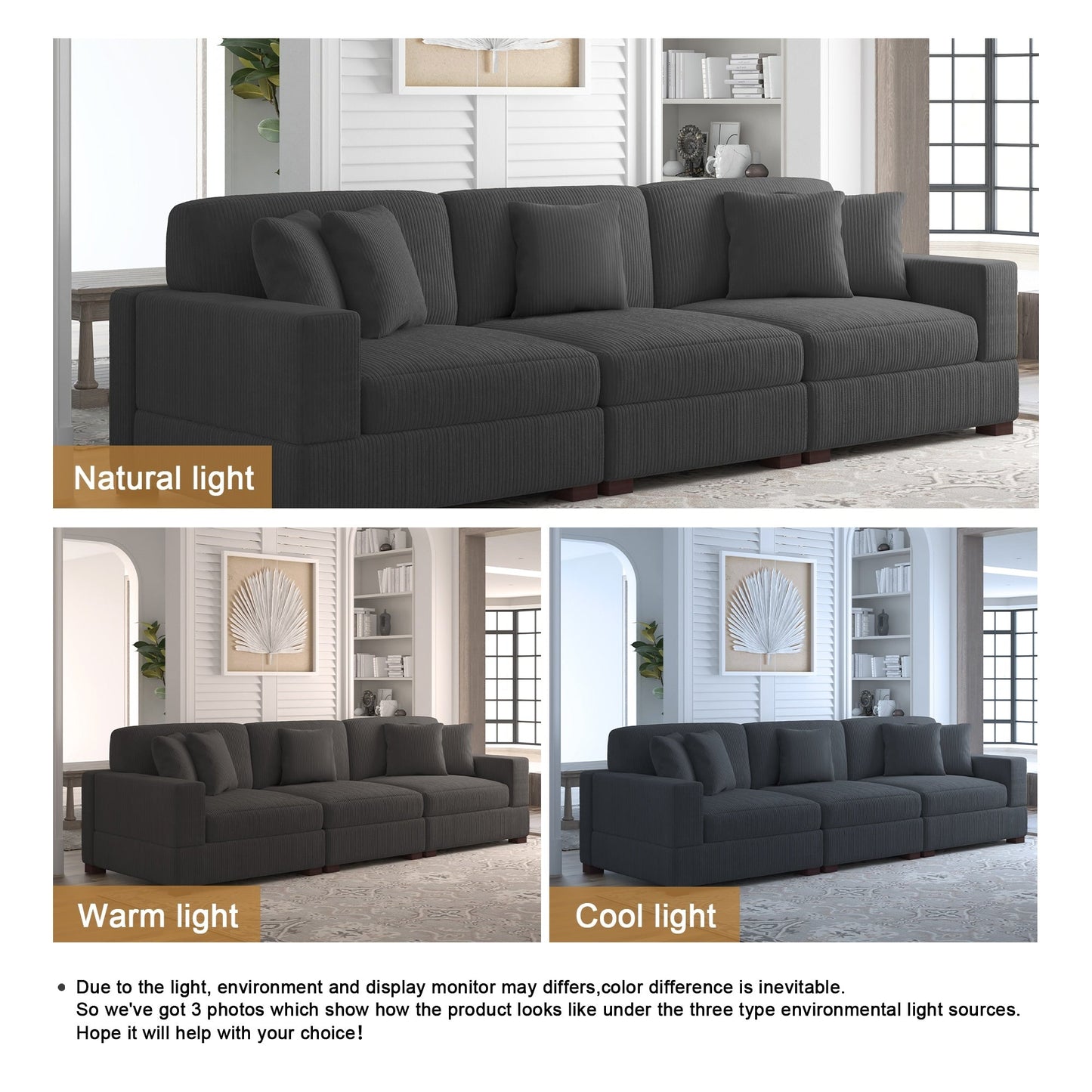 Canapé modulable sectionnel en velours côtelé avec oreillers
