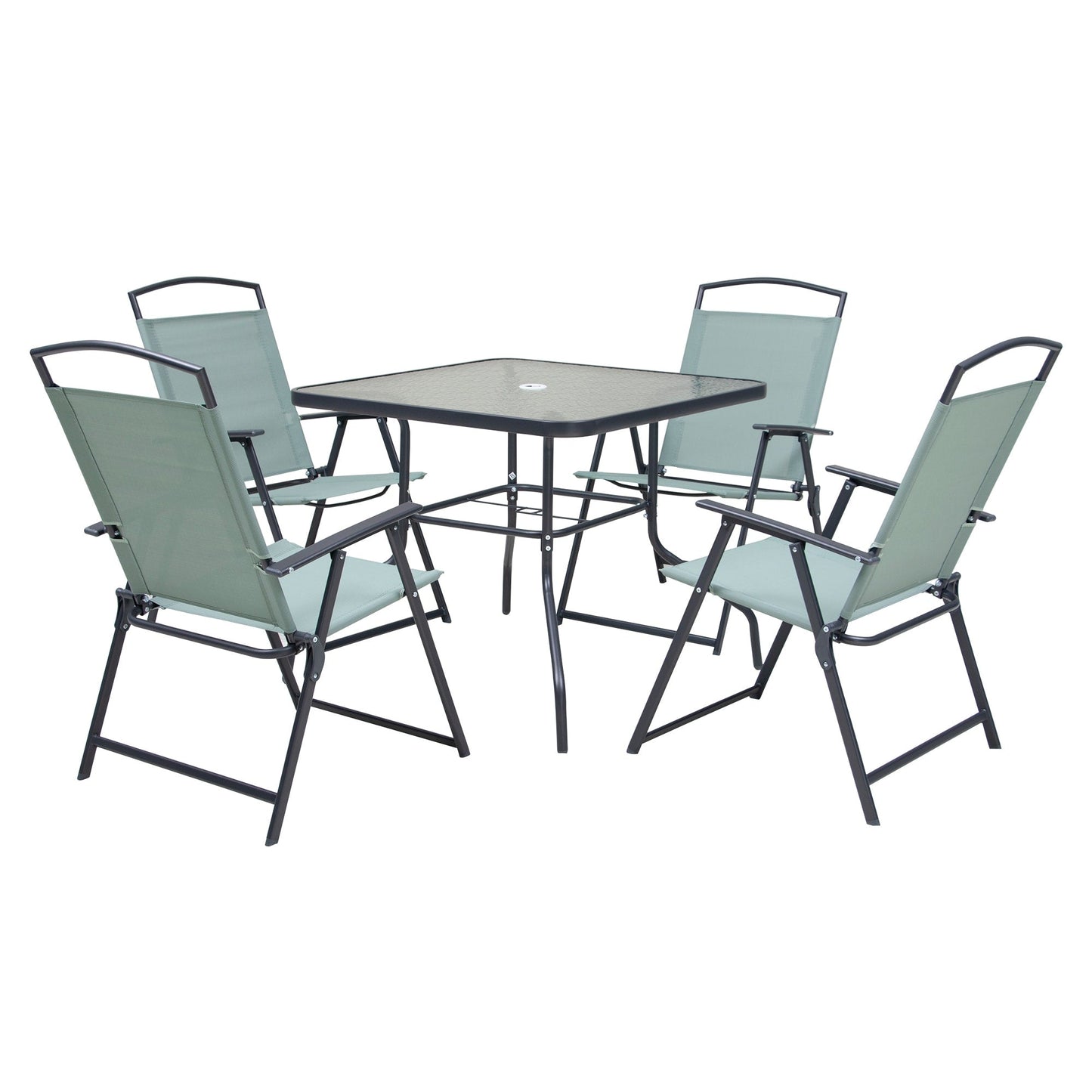 Ensemble de salle à manger d'extérieur 5 pièces avec chaises pliantes et table en verre avec trou pour parasol - Voir les spécifications