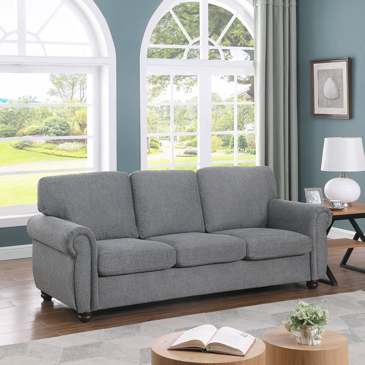 Canapé 3 places en chenille douce gris foncé avec structure en bois massif - 34,40 x 84,60 x 33,85