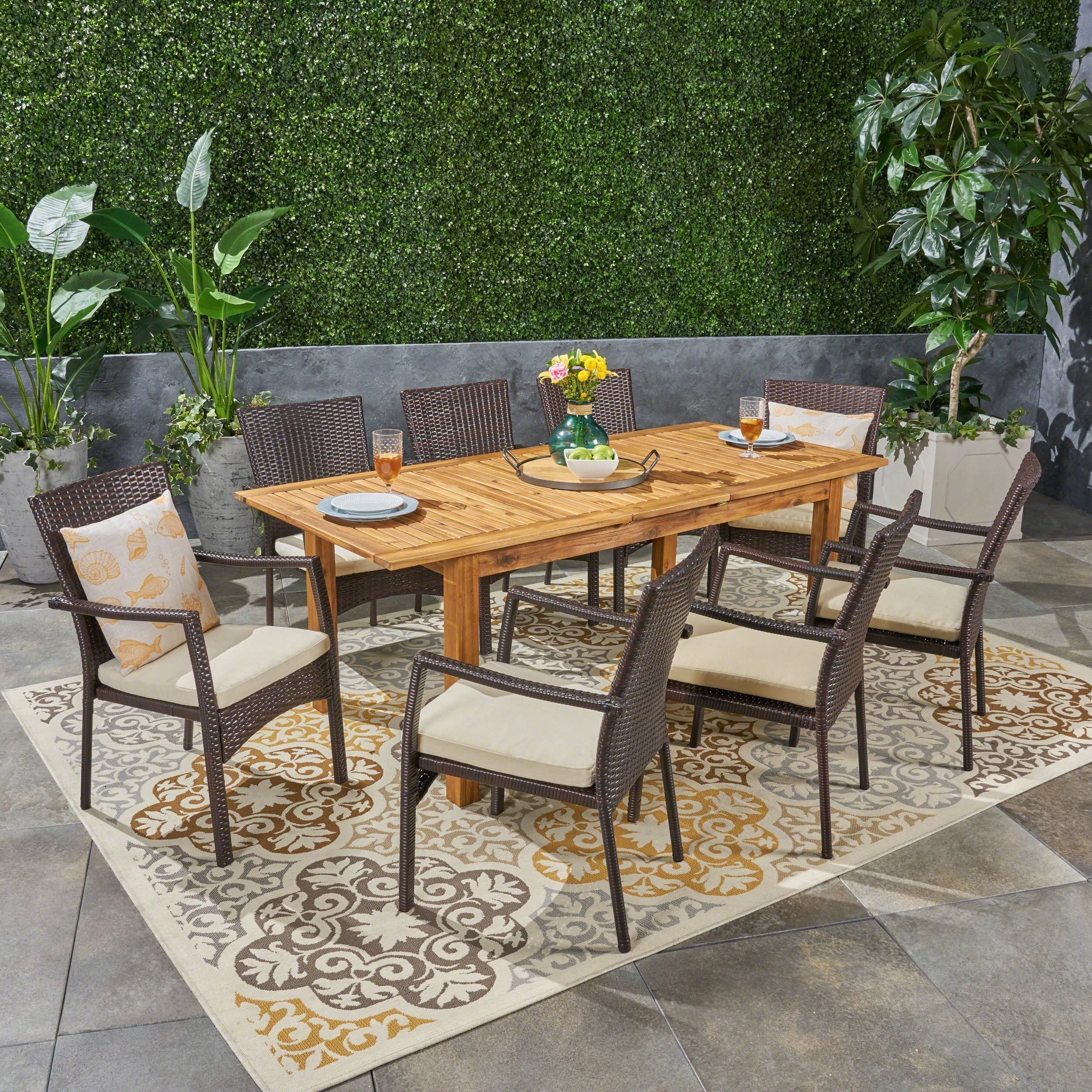 Ensemble de salle à manger extensible Davenport Outdoor 9 pièces en bois et osier par Christopher Knight Home