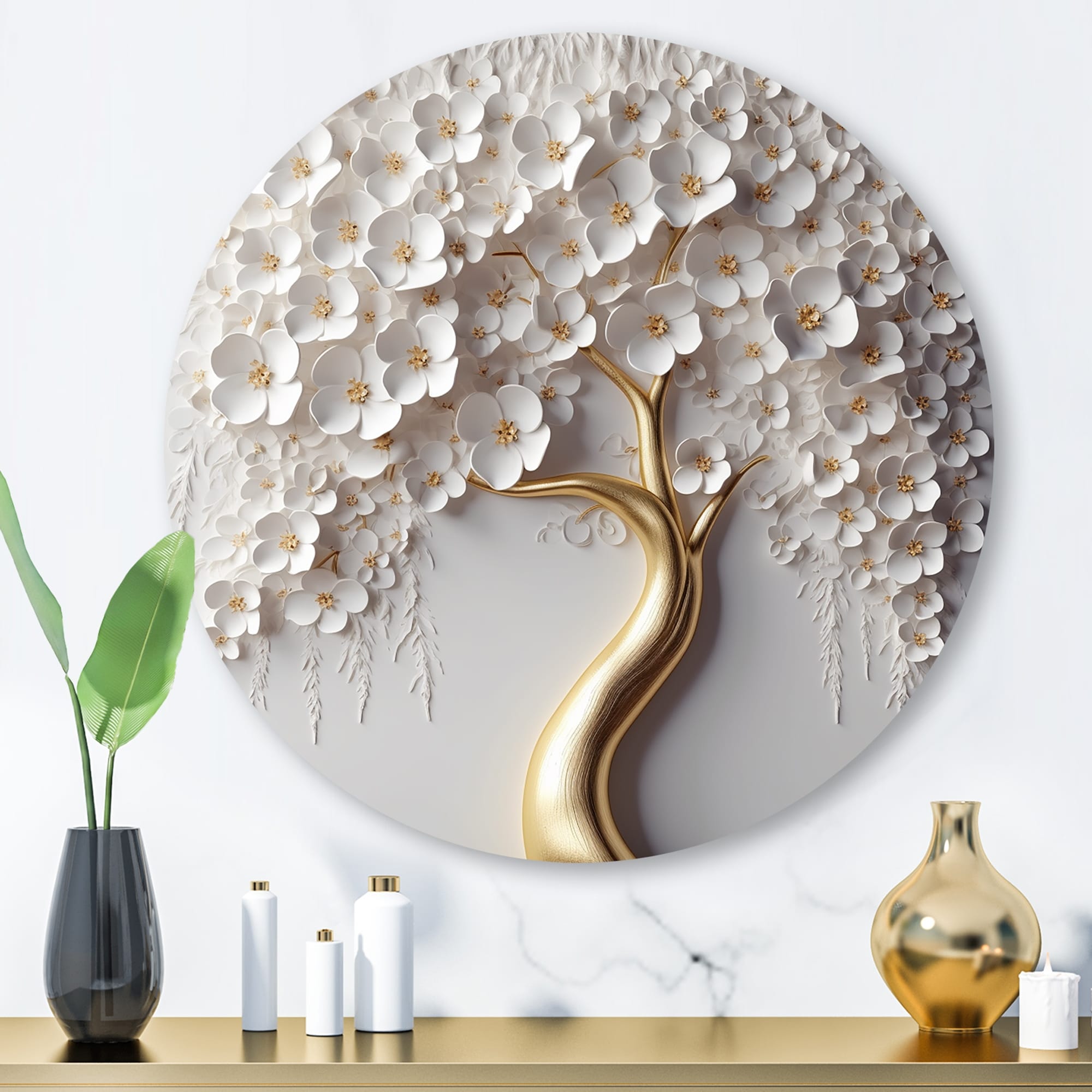 Impression murale ronde en métal Motif orchidée blanche, jardin de branches, arbre floral VIII