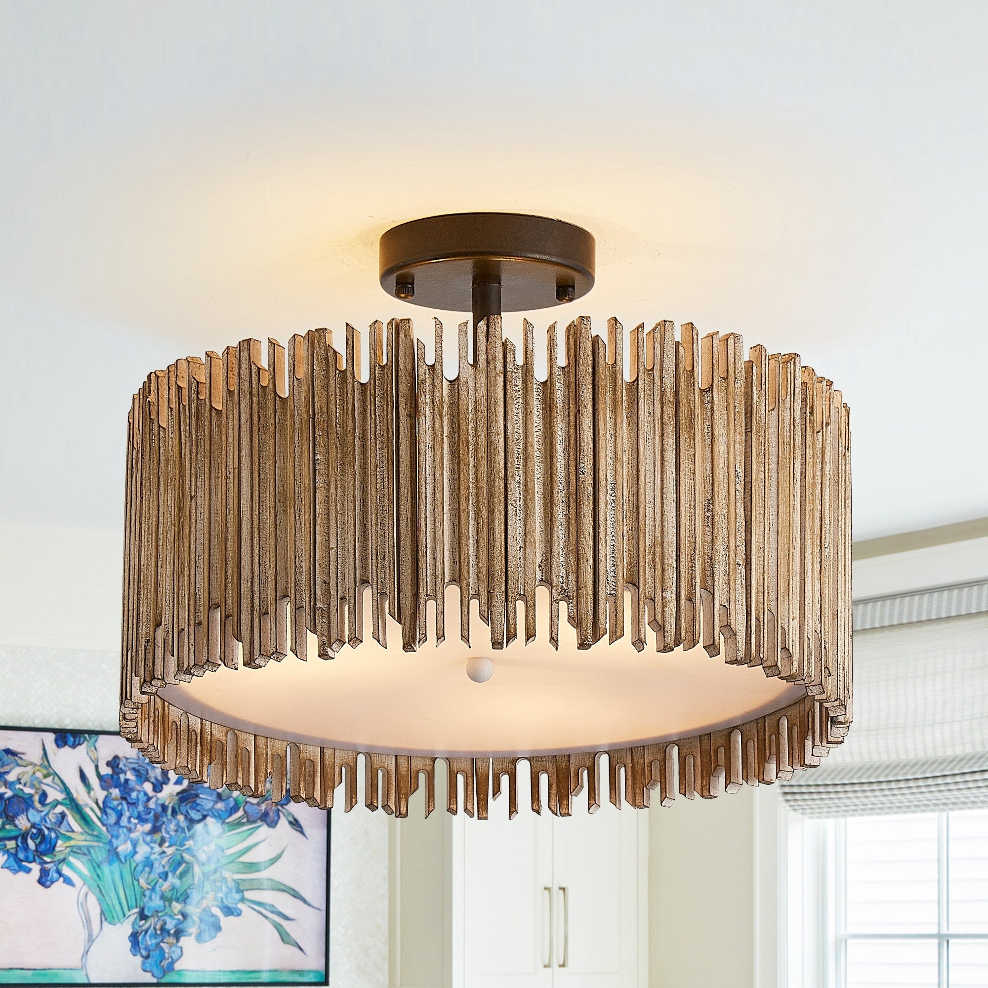 Plafonnier semi-encastré à 3 lumières en bois blanc vieilli