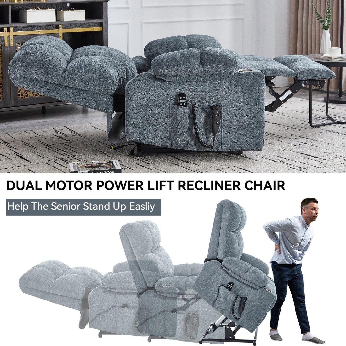 Fauteuil inclinable électrique à double moteur, position infinie, mécanisme de mouvement robuste avec massage et chauffage, deux porte-gobelets