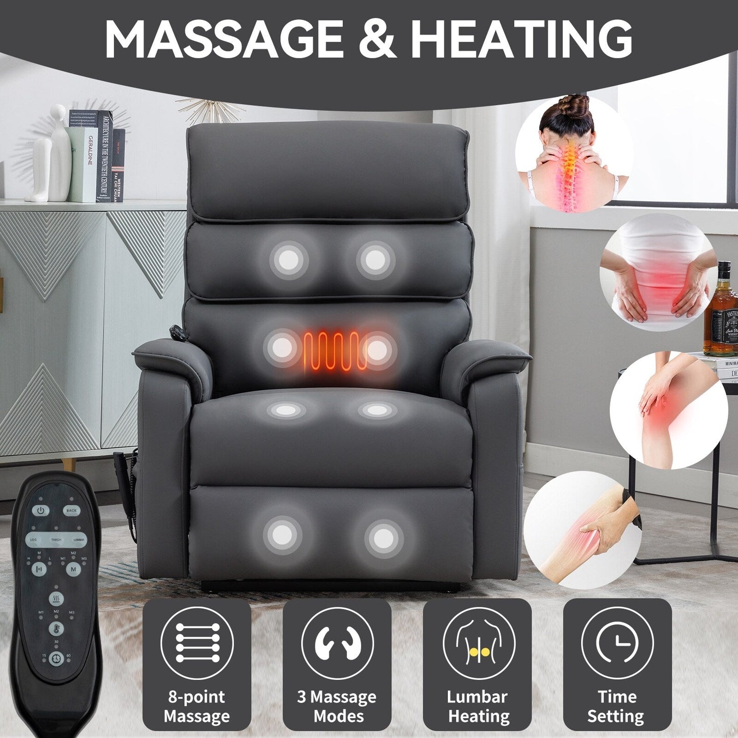 Fauteuil inclinable électrique à double moteur, fauteuil rembourré, canapé de massage chauffant avec minuterie, poches latérales et télécommande électrique