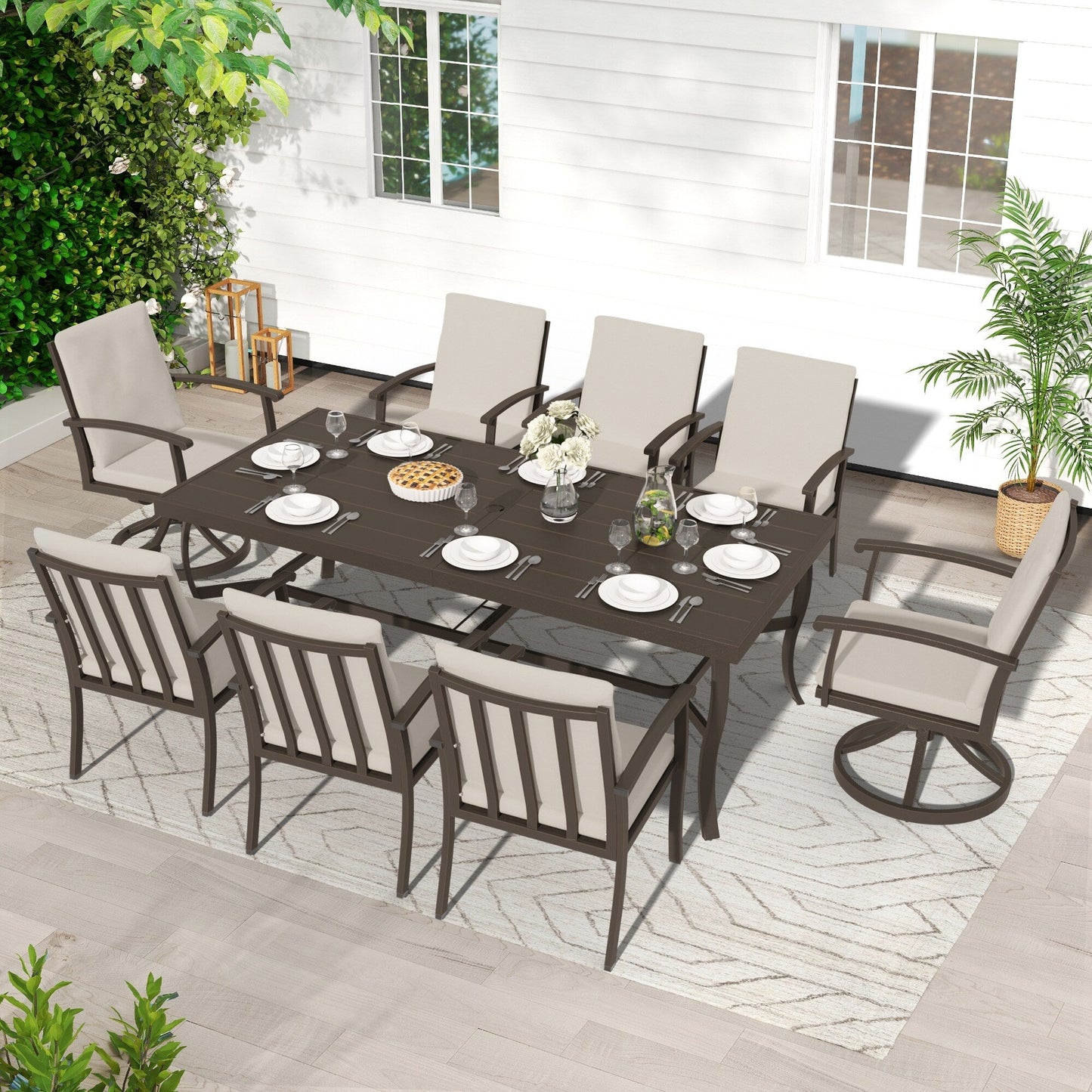 Ensemble de salle à manger de patio en aluminium EGEIROS LIFE AluLux 9 pièces avec 2 chaises pivotantes, 6 chaises et coussins lavables
