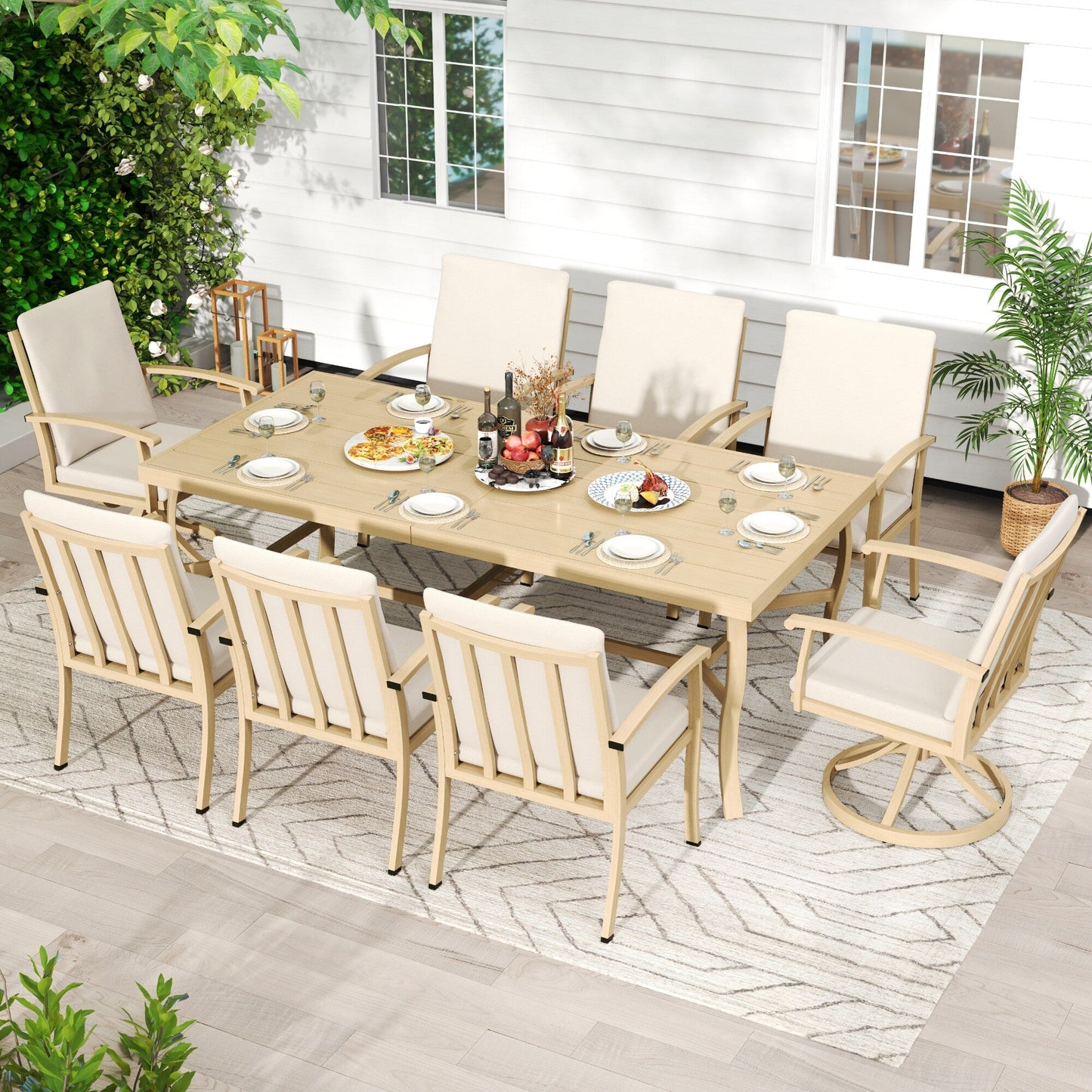 Ensemble de salle à manger de patio en aluminium EGEIROS LIFE AluLux 9 pièces avec 2 chaises pivotantes, 6 chaises et coussins lavables