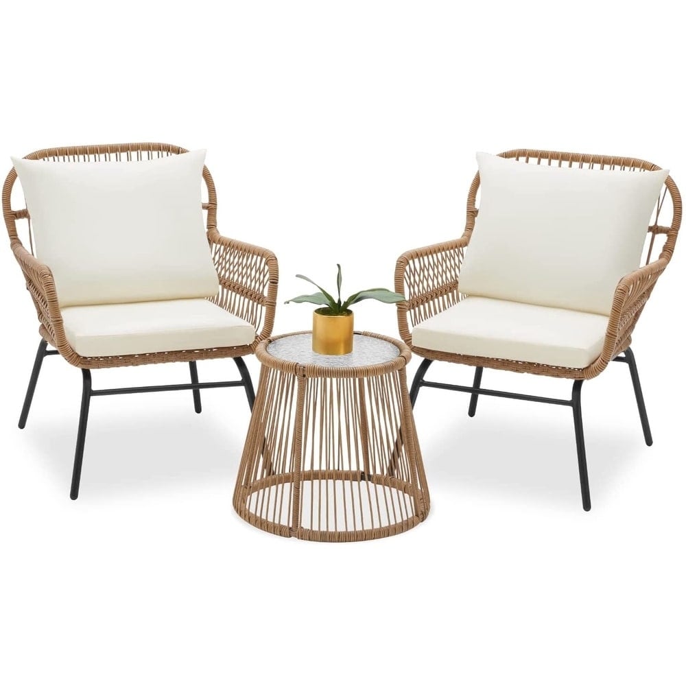 Ensemble de salon de jardin 3 pièces EROMMY avec table en verre, 2 fauteuils et coussins d'assise