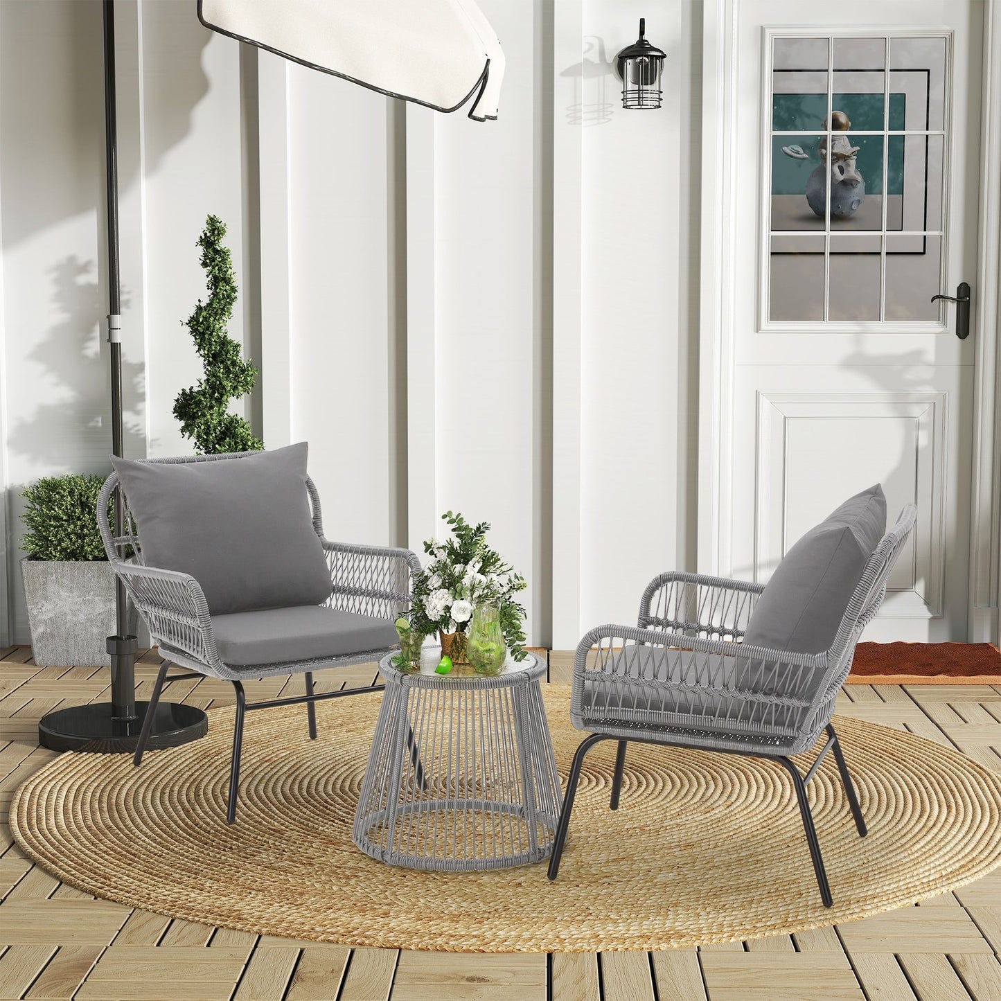 Ensemble de salon de jardin 3 pièces EROMMY avec table en verre, 2 fauteuils et coussins d'assise