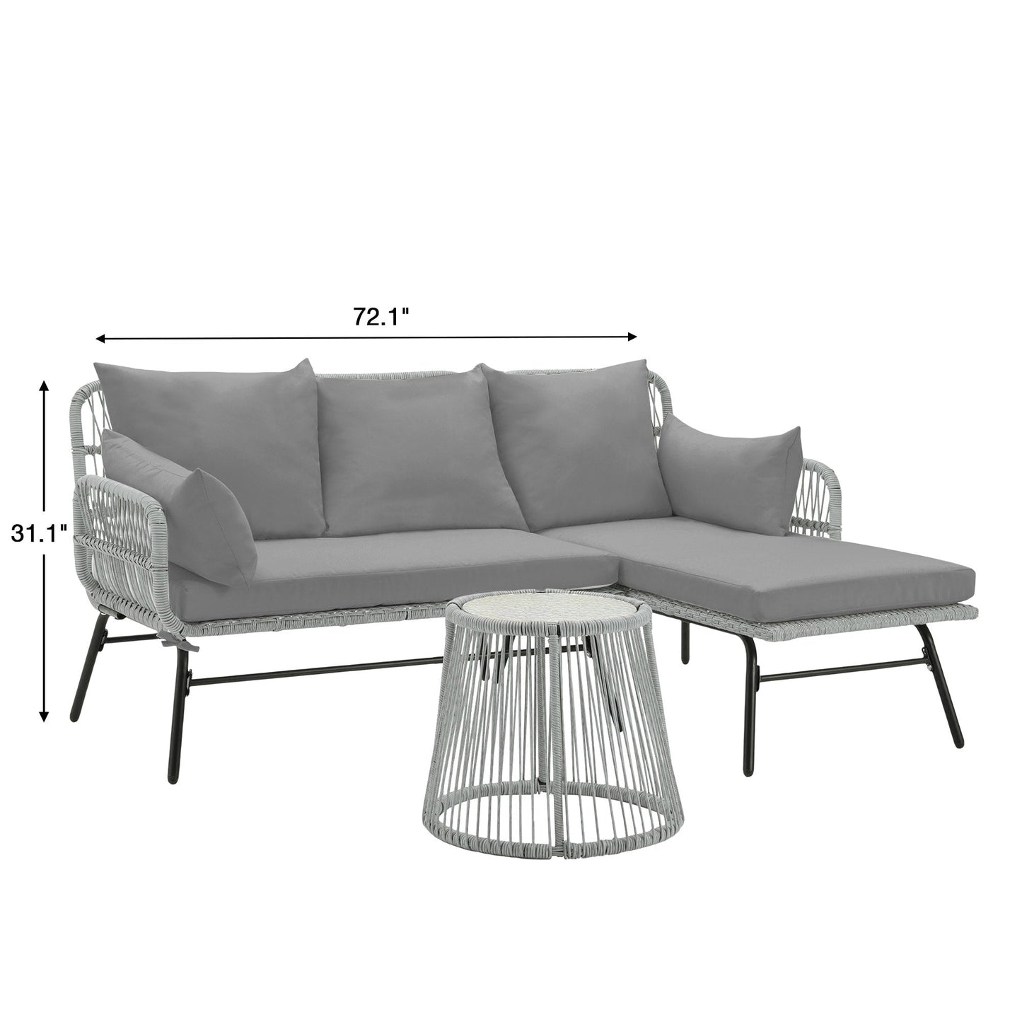Ensemble de salon de jardin 3 pièces EROMMY avec table en verre, 2 fauteuils et coussins d'assise