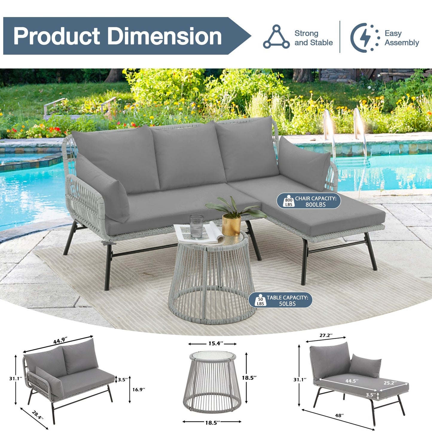 Ensemble de salon de jardin 3 pièces EROMMY avec table en verre, 2 fauteuils et coussins d'assise
