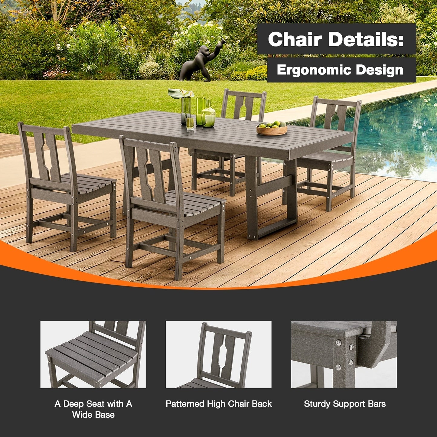 Ensembles de salle à manger d'extérieur polyvalents avec chaises pivotantes/pliantes, table à lattes en acier et table à manger en PEHD pour jardins et terrasses