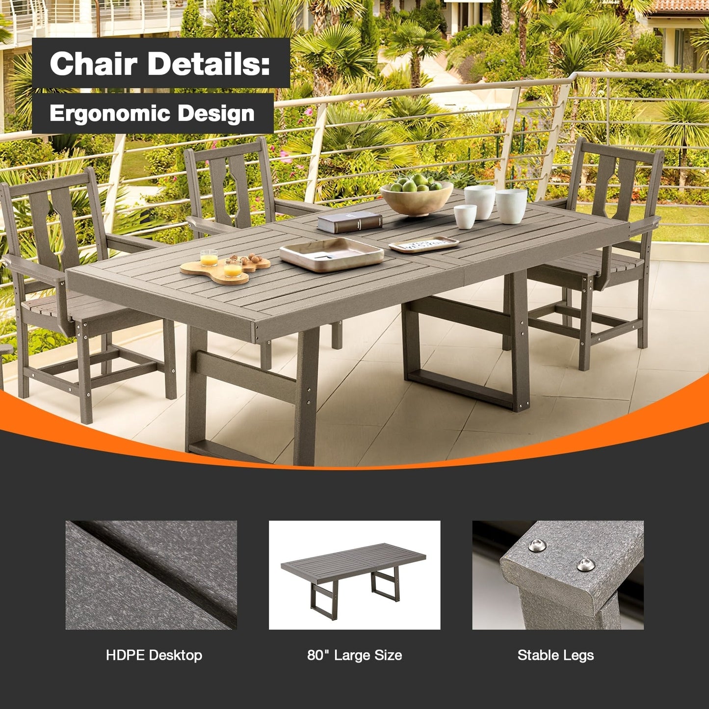Ensembles de salle à manger d'extérieur polyvalents avec chaises pivotantes/pliantes, table à lattes en acier et table à manger en PEHD pour jardins et terrasses