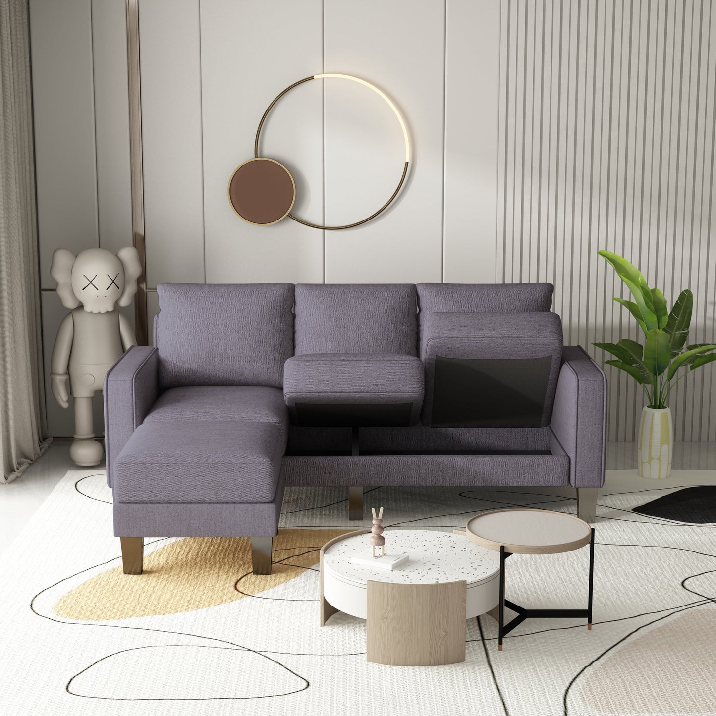 Canapé 3 places rembourré avec pouf, housse de coussin amovible et petit espace de rangement
