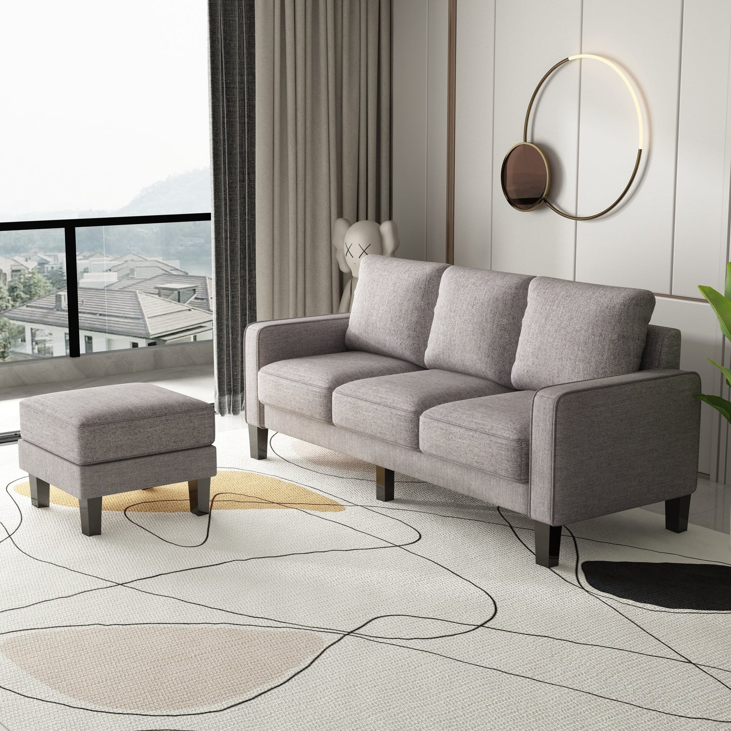 Canapé 3 places rembourré avec pouf, housse de coussin amovible et petit espace de rangement