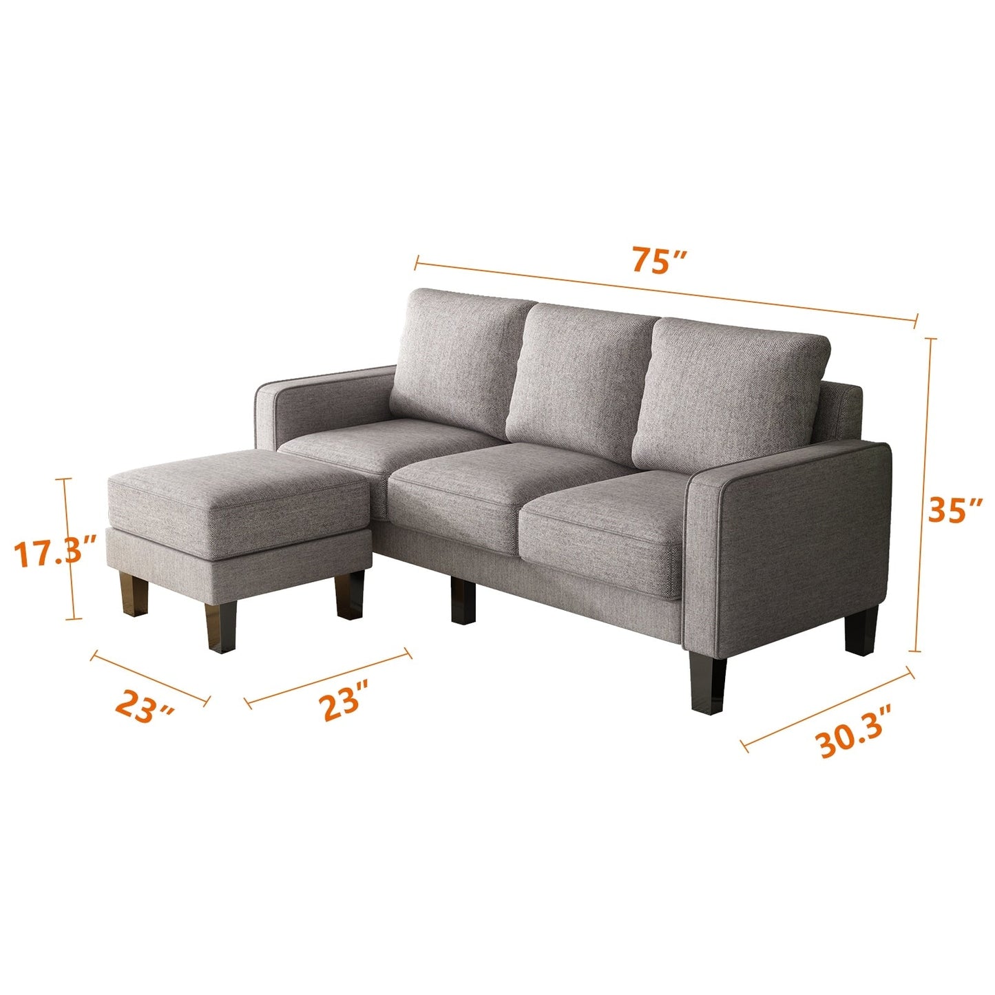 Canapé 3 places rembourré avec pouf, housse de coussin amovible et petit espace de rangement